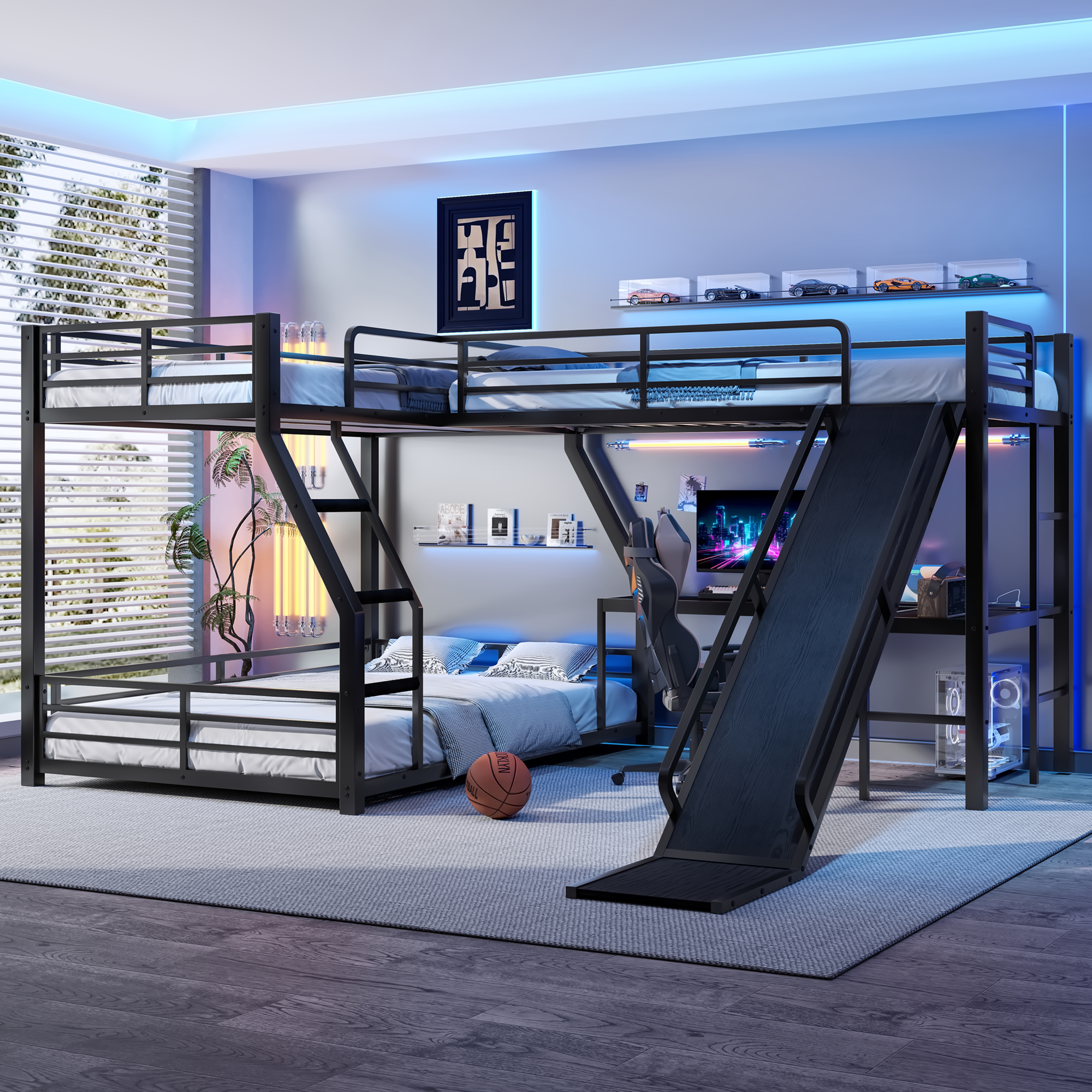 L-Shaped Twin over Full Bunk Bed with Twin Size Loft Bed, Metal Triple Bunk Bed with Slide and USB Ports, Space-saving and Noise-free Design, Black - Image 4