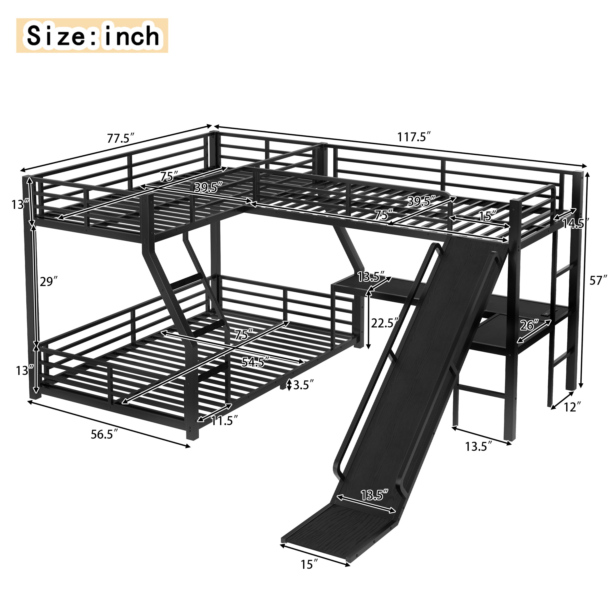 L-Shaped Twin over Full Bunk Bed with Twin Size Loft Bed, Metal Triple Bunk Bed with Slide and USB Ports, Space-saving and Noise-free Design, Black - Image 5