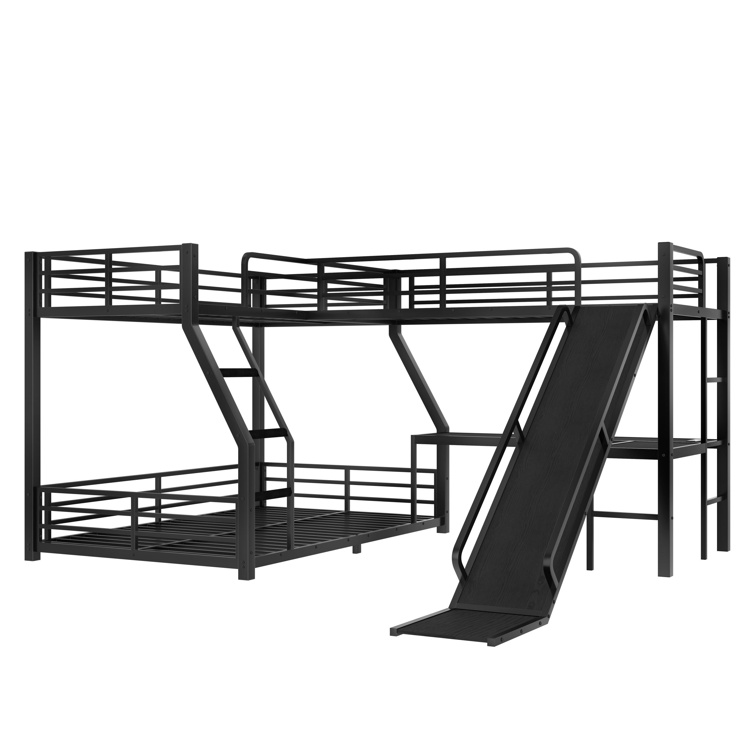 L-Shaped Twin over Full Bunk Bed with Twin Size Loft Bed, Metal Triple Bunk Bed with Slide and USB Ports, Space-saving and Noise-free Design, Black - Image 6