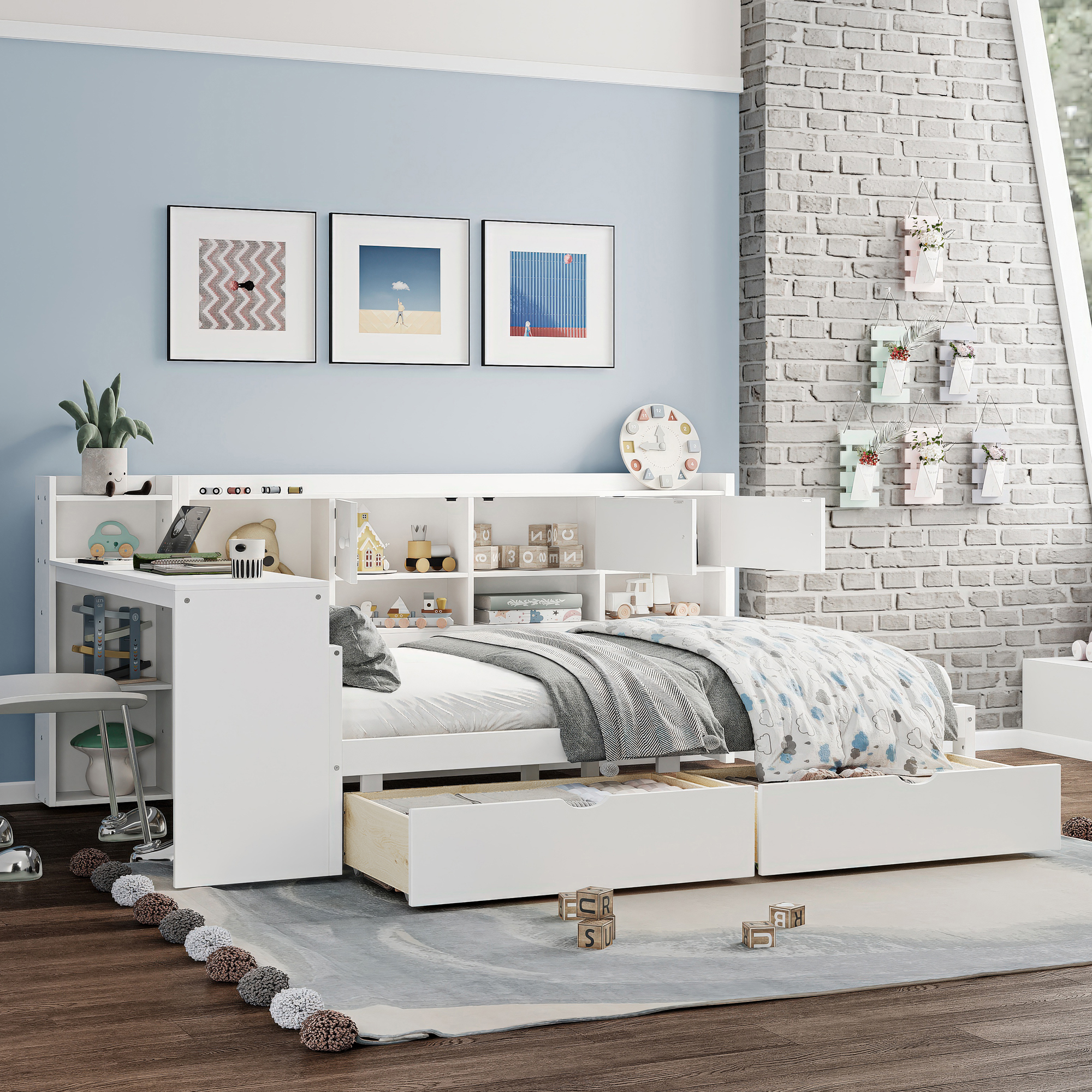 Full Size Wooden L-Shape Daybed with Seven Storage Cabinets and Two Storage Drawers, Multi-functional Bed with Study Desk and Built-in Bookshelf, White(old SKU: N733S247077K) - Image 2