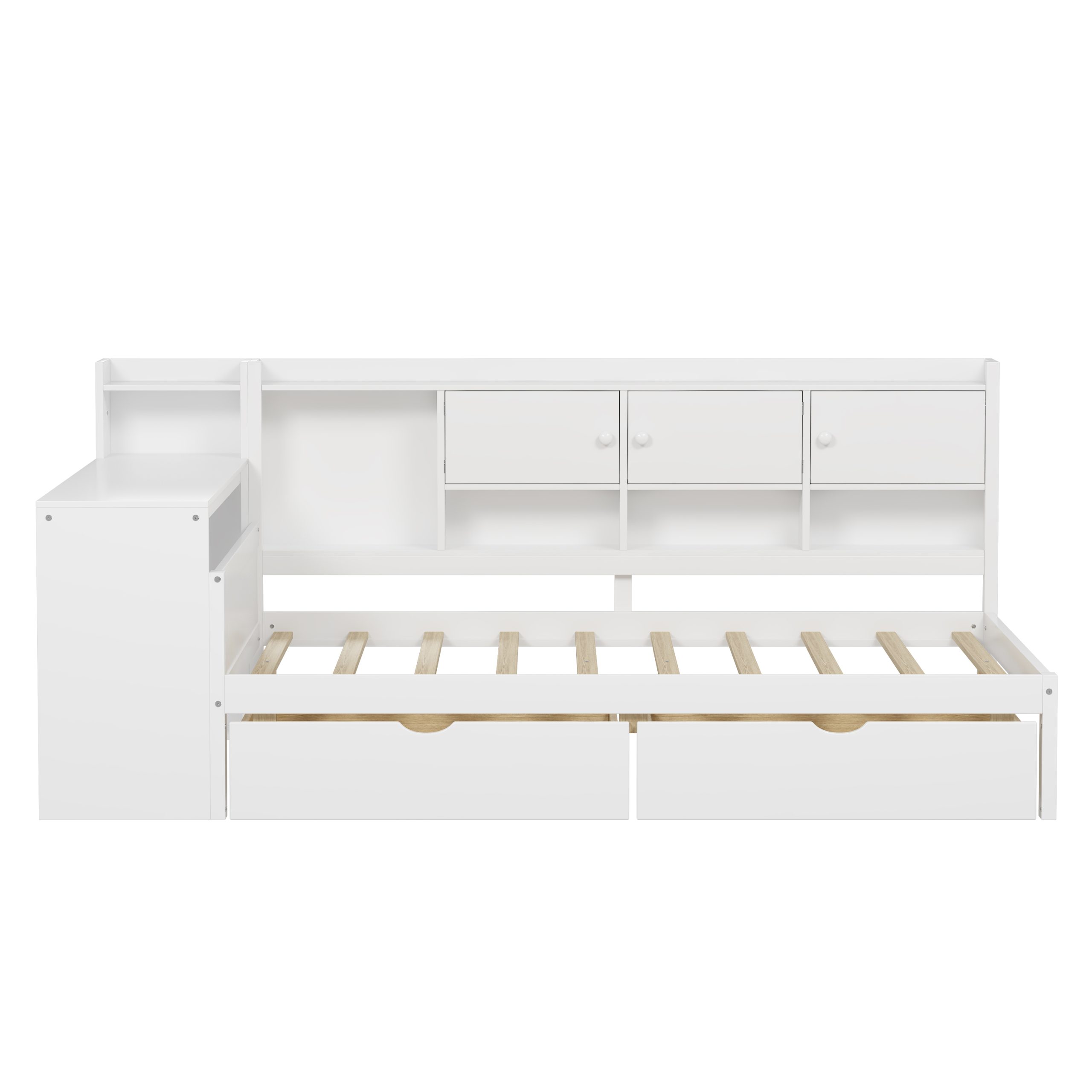 Full Size Wooden L-Shape Daybed with Seven Storage Cabinets and Two Storage Drawers, Multi-functional Bed with Study Desk and Built-in Bookshelf, White(old SKU: N733S247077K) - Image 3