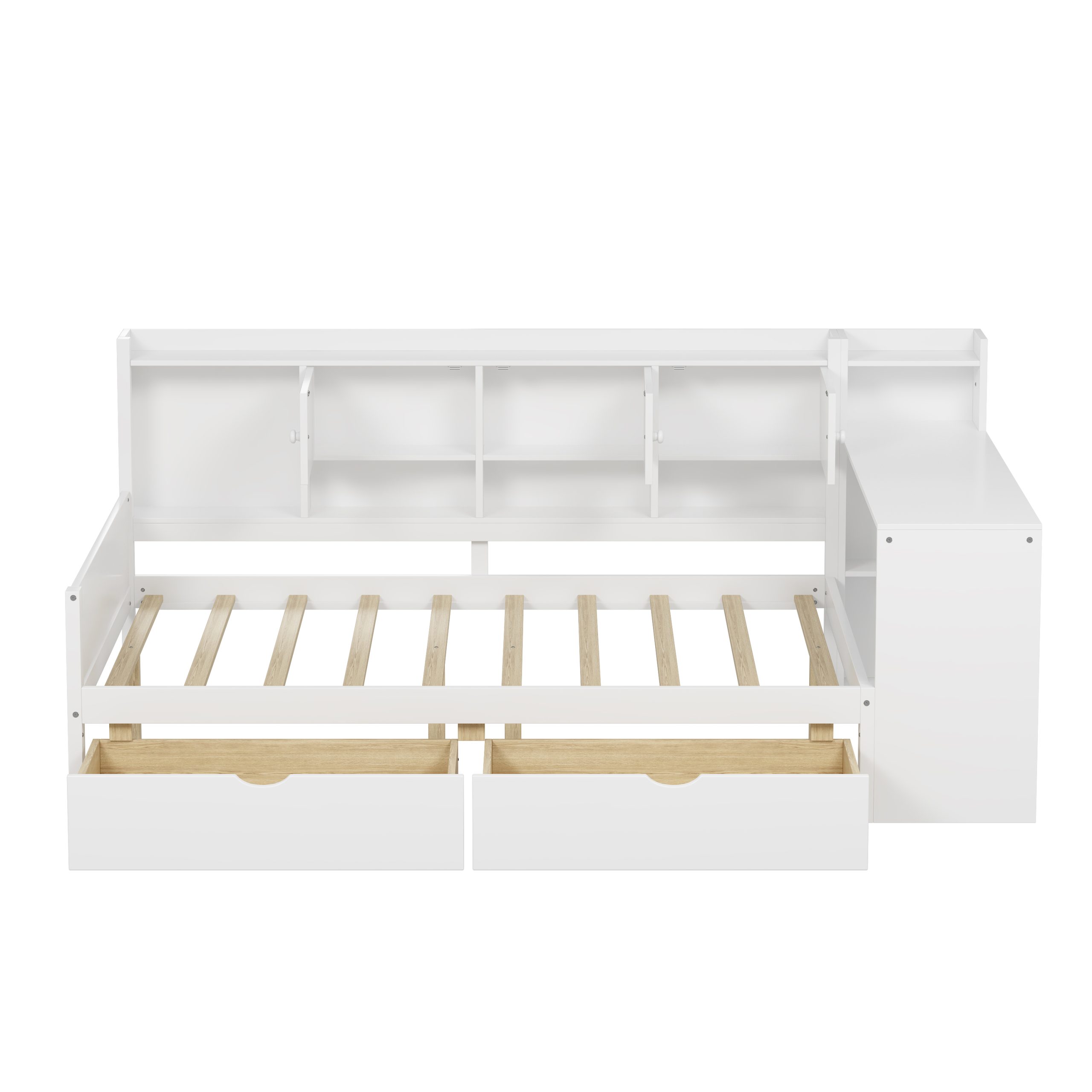 Full Size Wooden L-Shape Daybed with Seven Storage Cabinets and Two Storage Drawers, Multi-functional Bed with Study Desk and Built-in Bookshelf, White(old SKU: N733S247077K) - Image 4