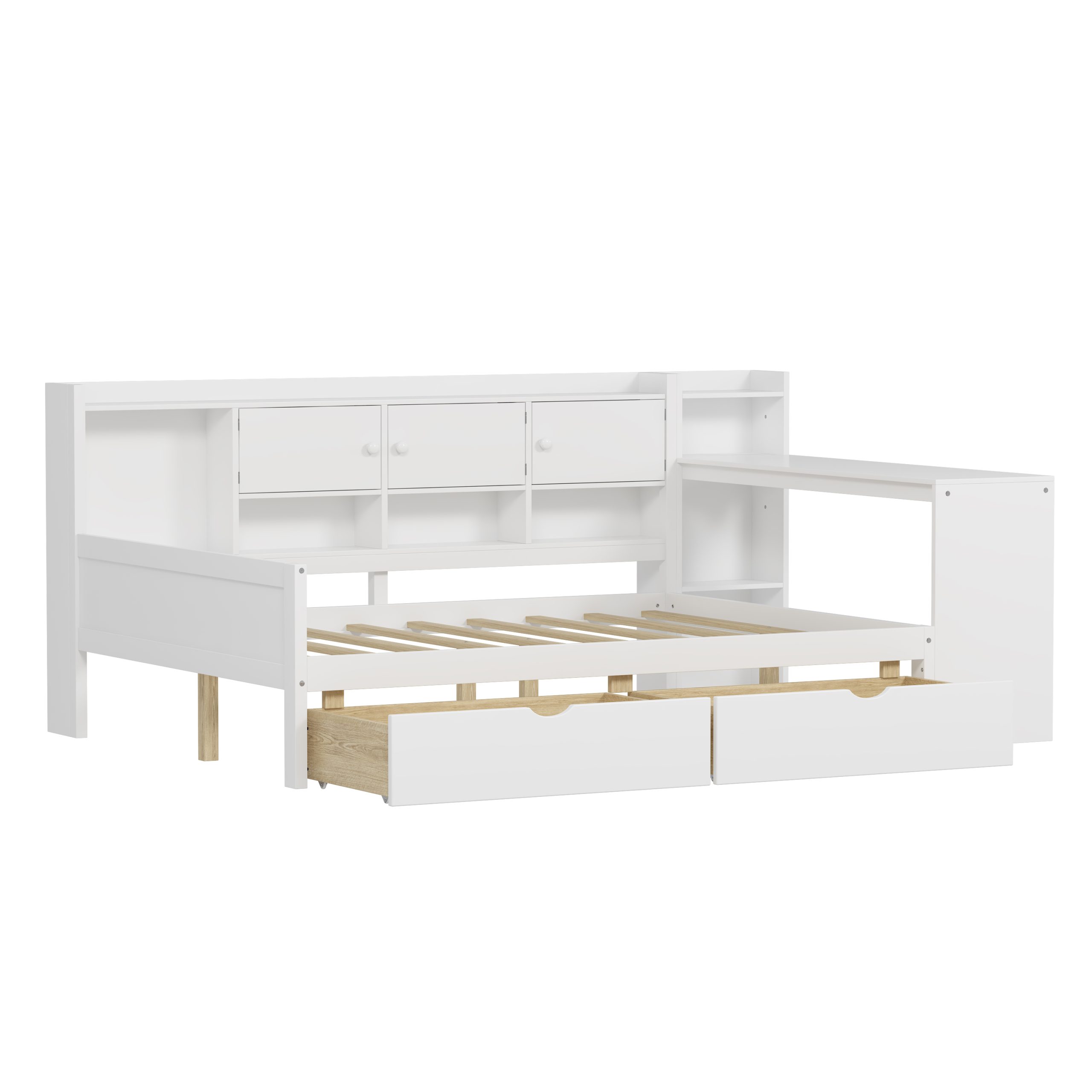 Full Size Wooden L-Shape Daybed with Seven Storage Cabinets and Two Storage Drawers, Multi-functional Bed with Study Desk and Built-in Bookshelf, White(old SKU: N733S247077K) - Image 5