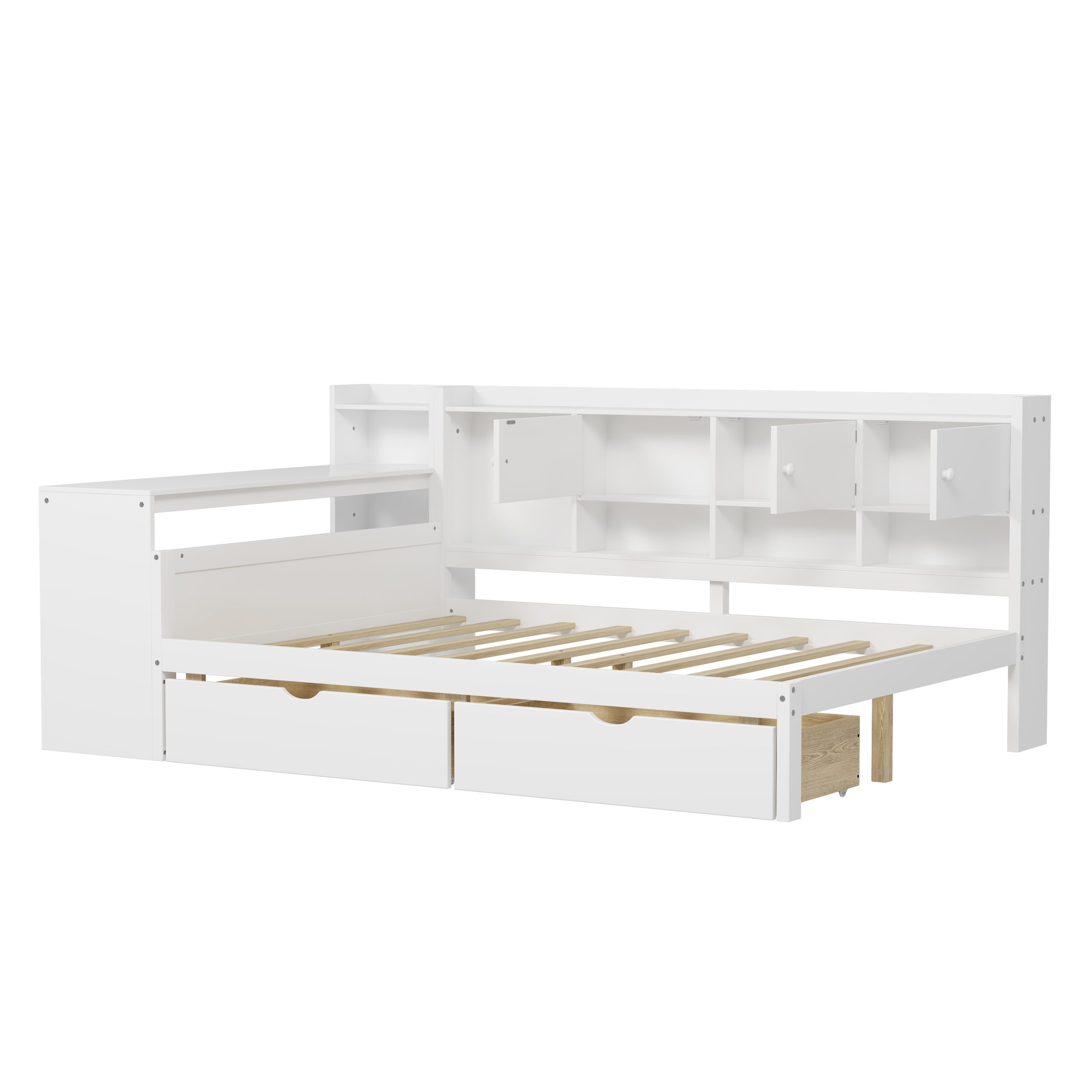 Full Size Wooden L-Shape Daybed with Seven Storage Cabinets and Two Storage Drawers, Multi-functional Bed with Study Desk and Built-in Bookshelf, White(old SKU: N733S247077K) - Image 6