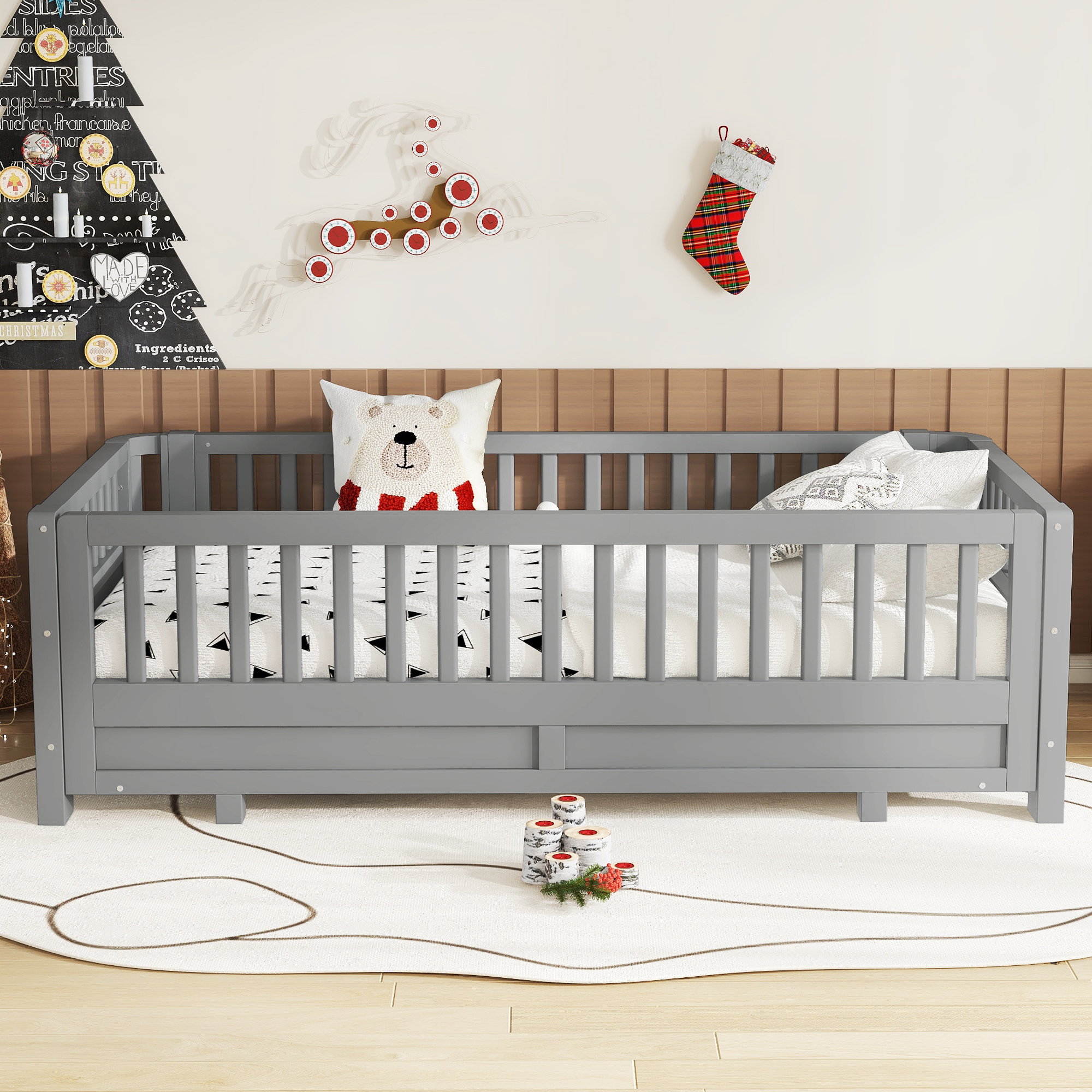 Twin Size Platform Bed with Guardrails, Solid Wood Twin Bed Frame, Can Be Converted into a Double Twin Platform Bed,Grey - Image 3