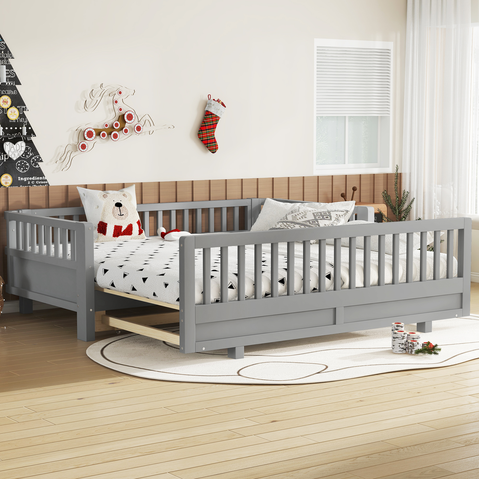 Twin Size Platform Bed with Guardrails, Solid Wood Twin Bed Frame, Can Be Converted into a Double Twin Platform Bed,Grey - Image 2