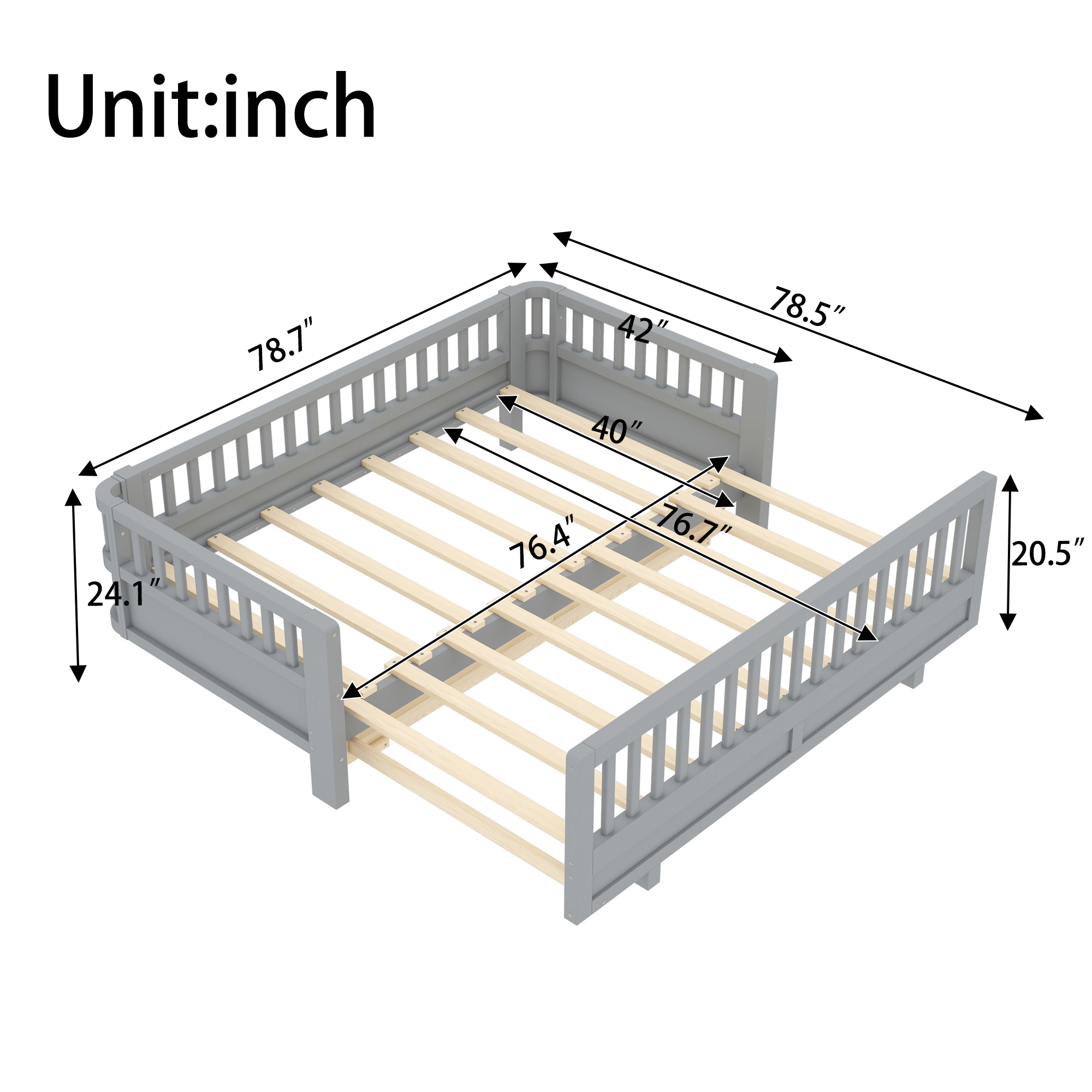 Twin Size Platform Bed with Guardrails, Solid Wood Twin Bed Frame, Can Be Converted into a Double Twin Platform Bed,Grey - Image 4