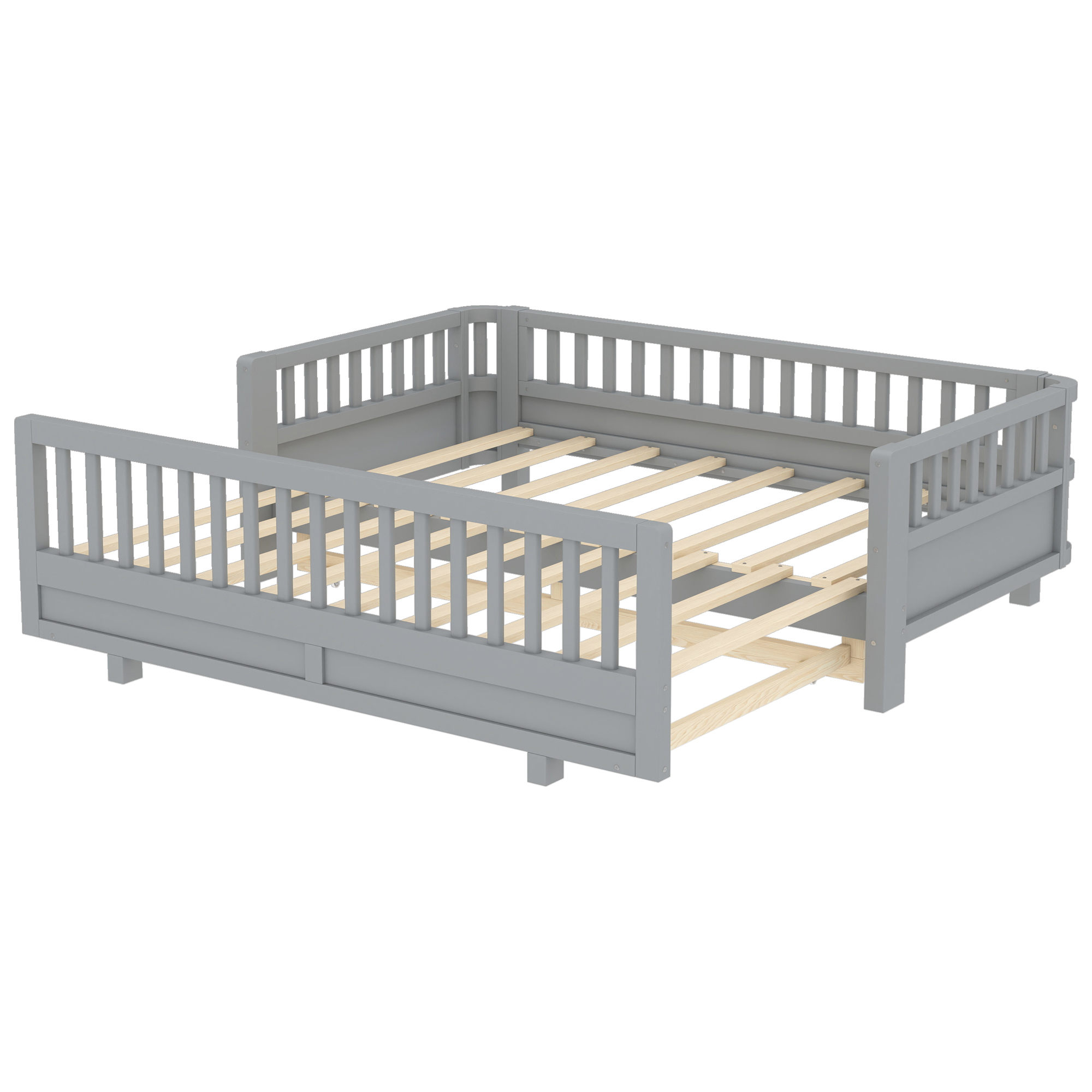 Twin Size Platform Bed with Guardrails, Solid Wood Twin Bed Frame, Can Be Converted into a Double Twin Platform Bed,Grey - Image 6