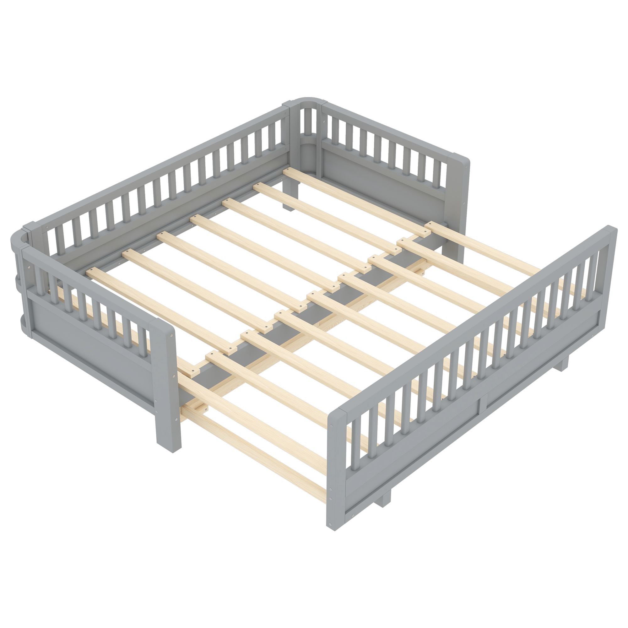 Twin Size Platform Bed with Guardrails, Solid Wood Twin Bed Frame, Can Be Converted into a Double Twin Platform Bed,Grey - Image 5