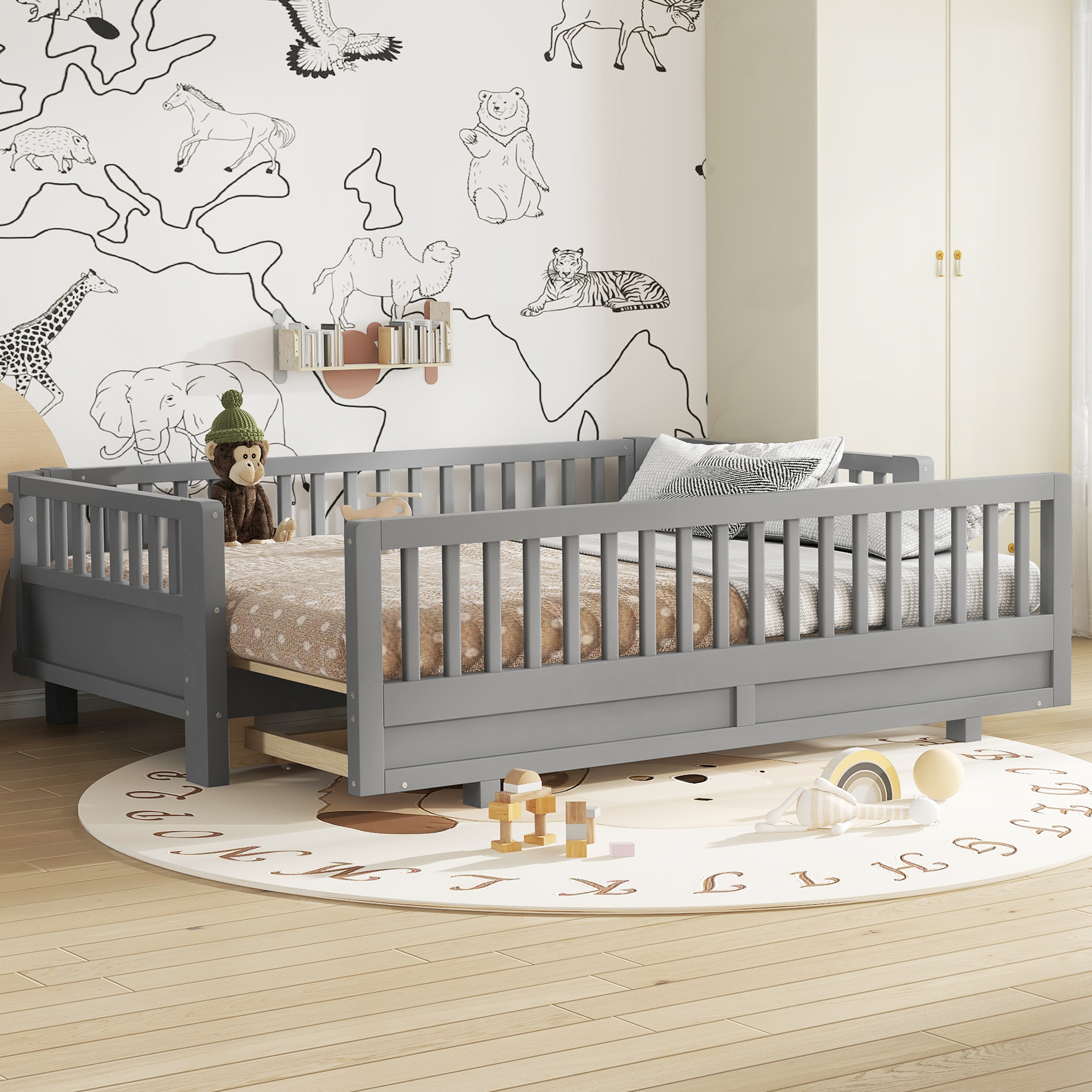 Twin XL Size Platform Bed with Guardrails, Solid Wood Twin XL Bed Frame, Can Be Converted into a Queen Platform Bed,Gray - Image 2