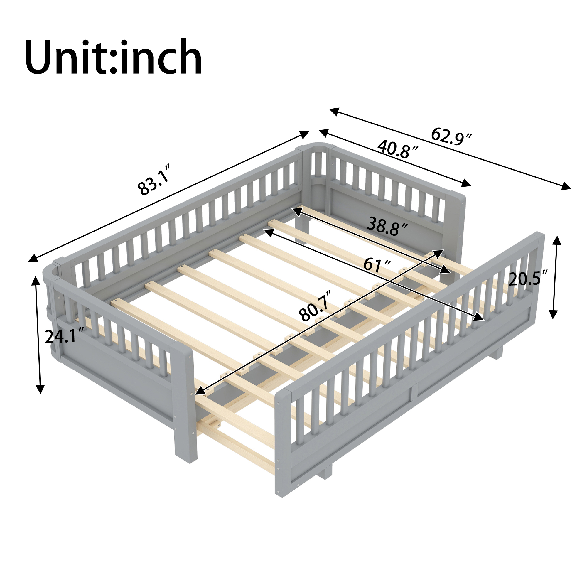 Twin XL Size Platform Bed with Guardrails, Solid Wood Twin XL Bed Frame, Can Be Converted into a Queen Platform Bed,Gray - Image 4