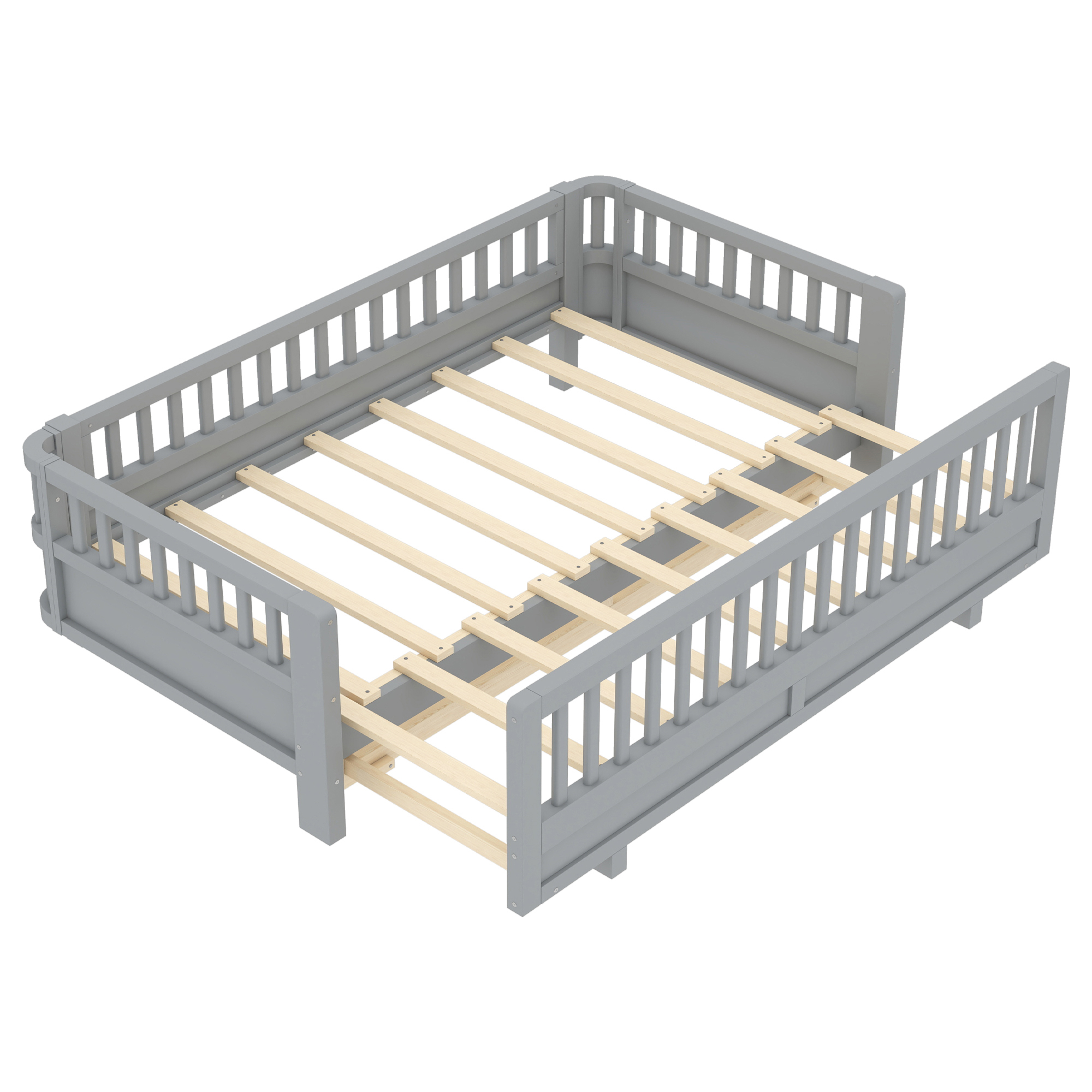 Twin XL Size Platform Bed with Guardrails, Solid Wood Twin XL Bed Frame, Can Be Converted into a Queen Platform Bed,Gray - Image 5