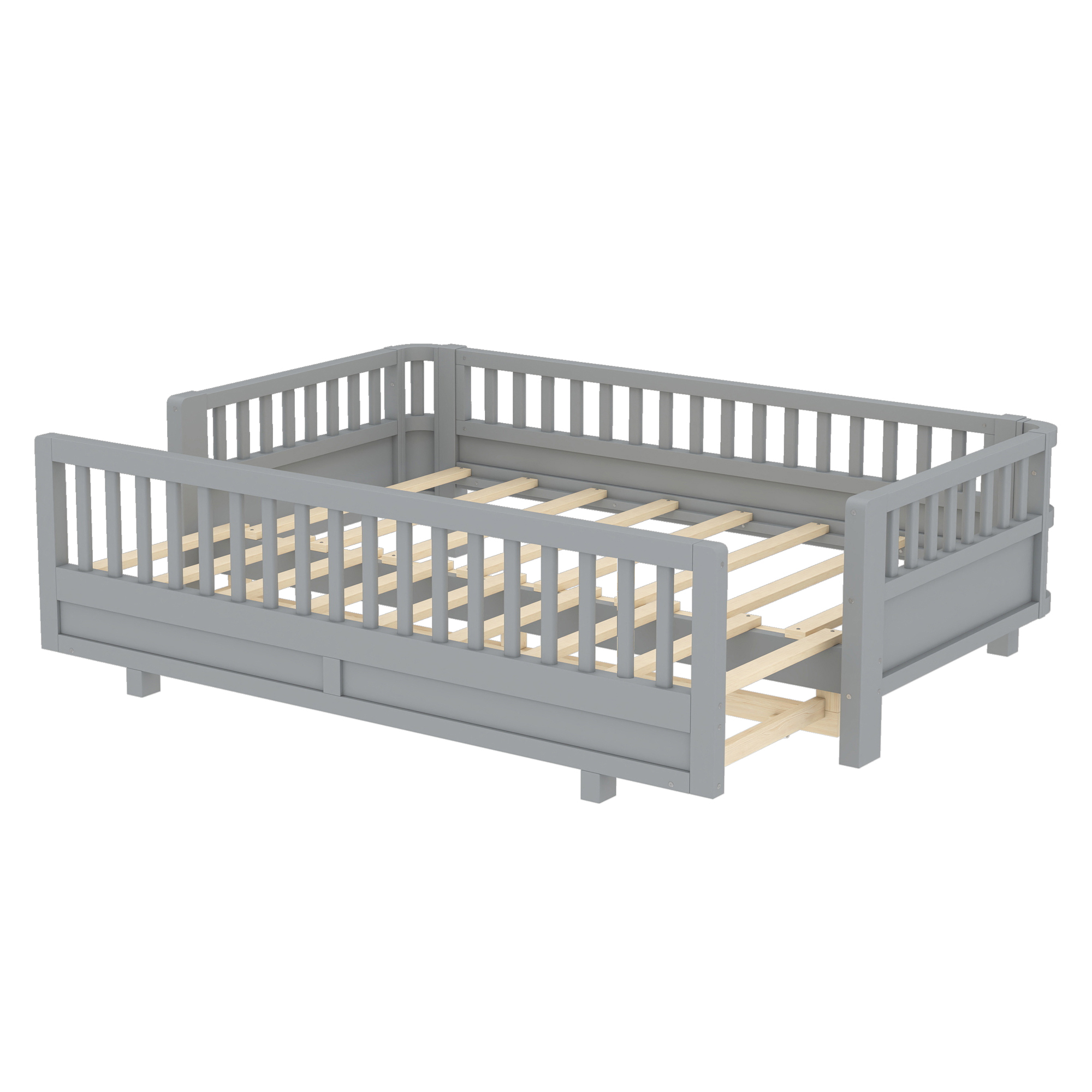 Twin XL Size Platform Bed with Guardrails, Solid Wood Twin XL Bed Frame, Can Be Converted into a Queen Platform Bed,Gray - Image 6