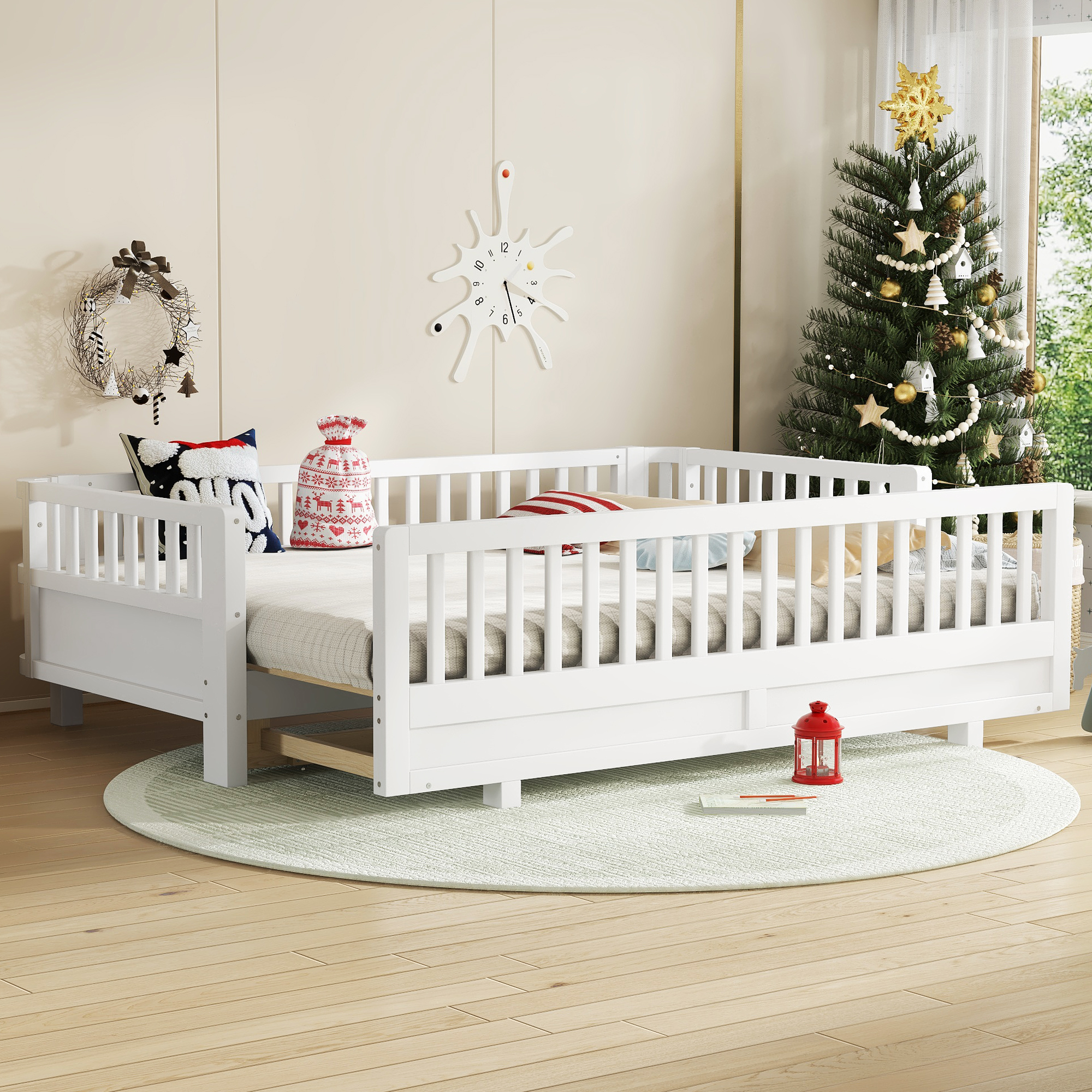 Twin XL Size Platform Bed with Guardrails, Solid Wood Twin XL Bed Frame, Can Be Converted into a Queen Platform Bed,White - Image 2