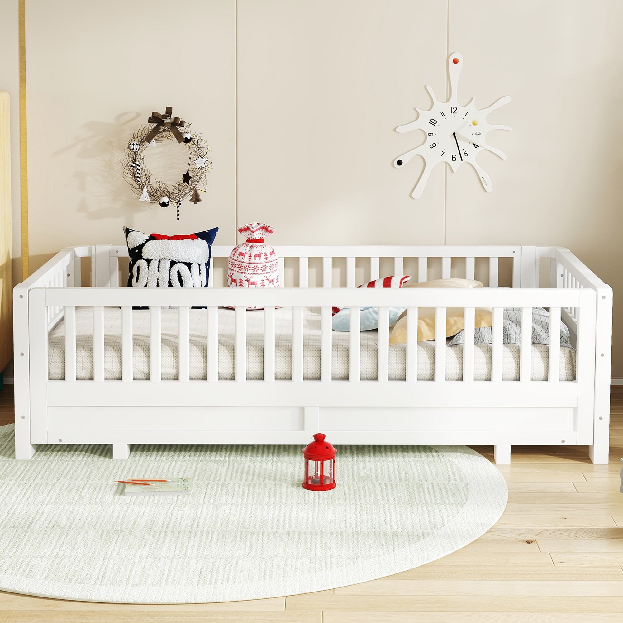 Twin XL Size Platform Bed with Guardrails, Solid Wood Twin XL Bed Frame, Can Be Converted into a Queen Platform Bed,White - Image 3