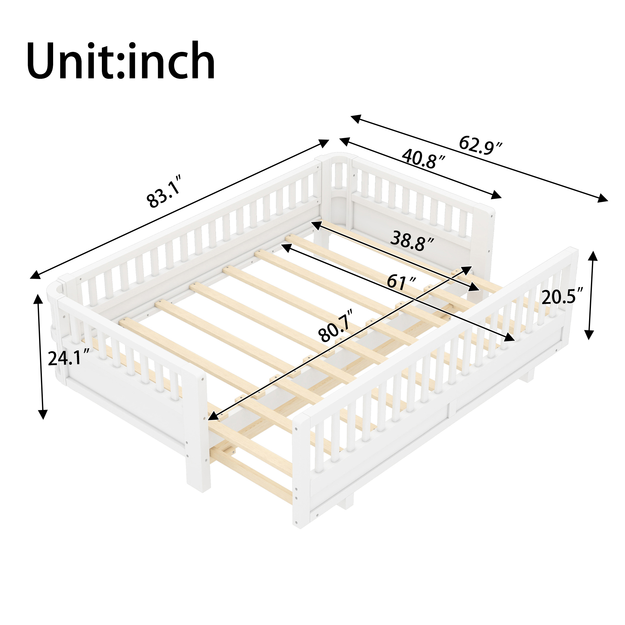 Twin XL Size Platform Bed with Guardrails, Solid Wood Twin XL Bed Frame, Can Be Converted into a Queen Platform Bed,White - Image 4