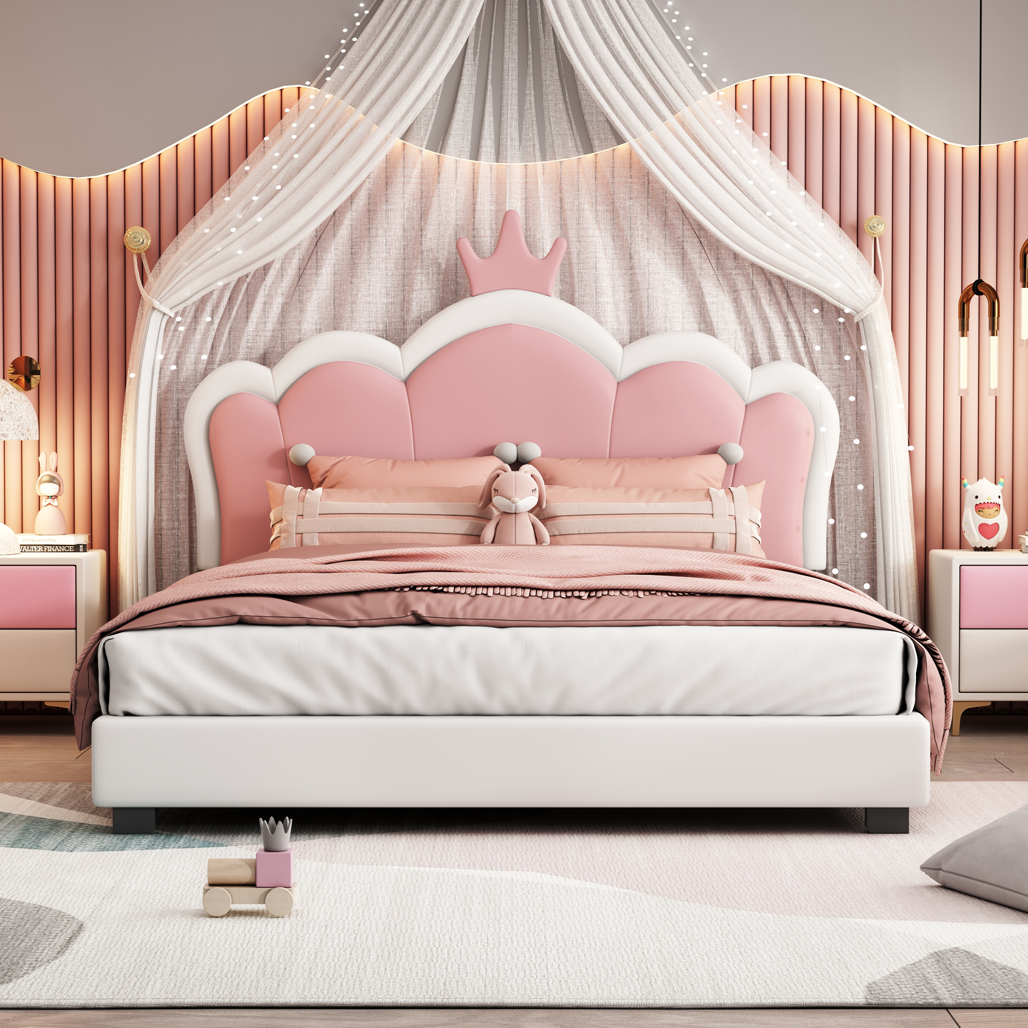 Full size Upholstered Princess Bed With Crown Headboard,Full Size Platform Bed with Headboard and Footboard, Cream+Pink(Old SKU:WF303337AAK)