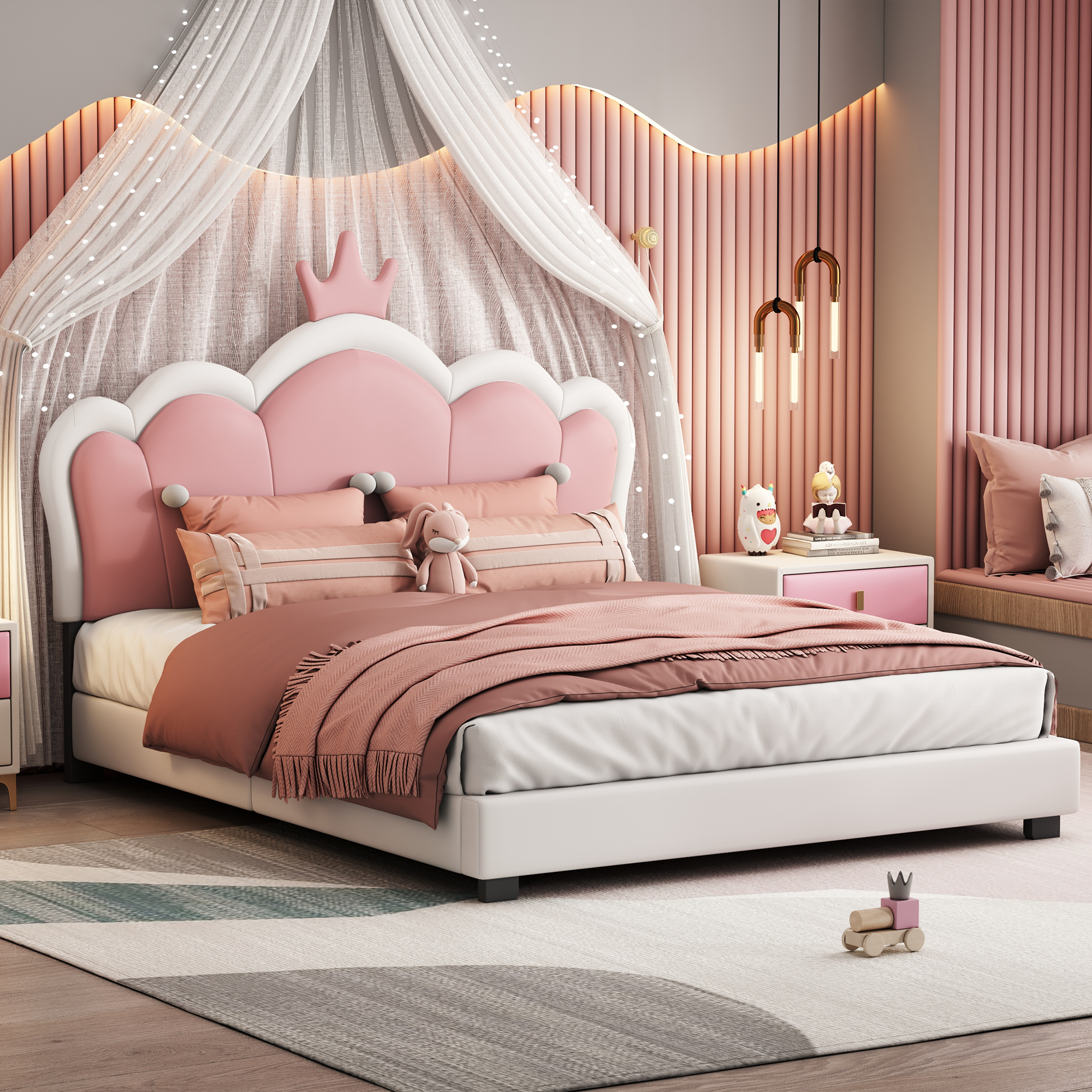 Full size Upholstered Princess Bed With Crown Headboard,Full Size Platform Bed with Headboard and Footboard, Cream+Pink(Old SKU:WF303337AAK) - Image 3