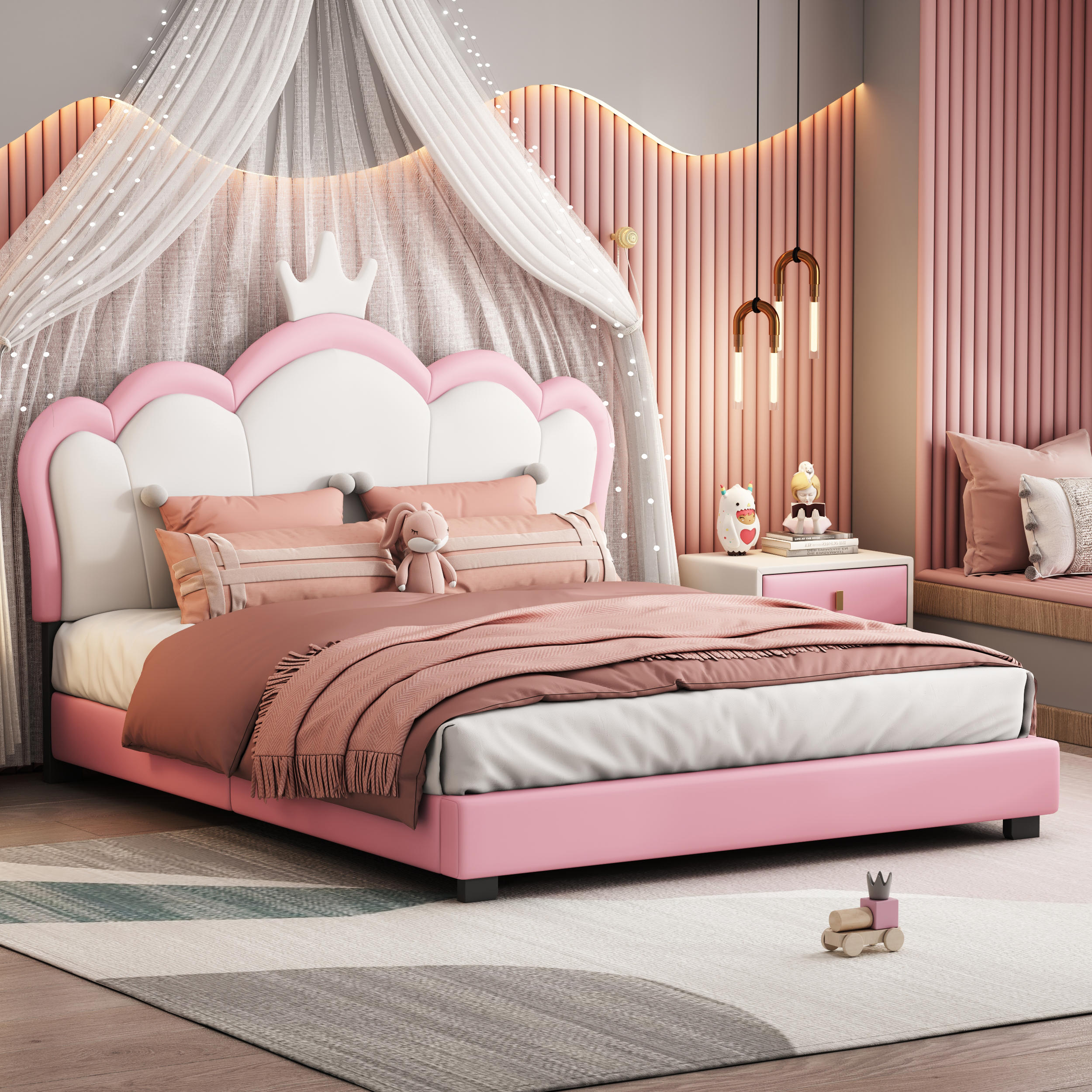 Full size Upholstered Princess Bed With Crown Headboard,Full Size Platform Bed with Headboard and Footboard, Cream+Pink(Old SKU:WF303337AAH) - Image 3