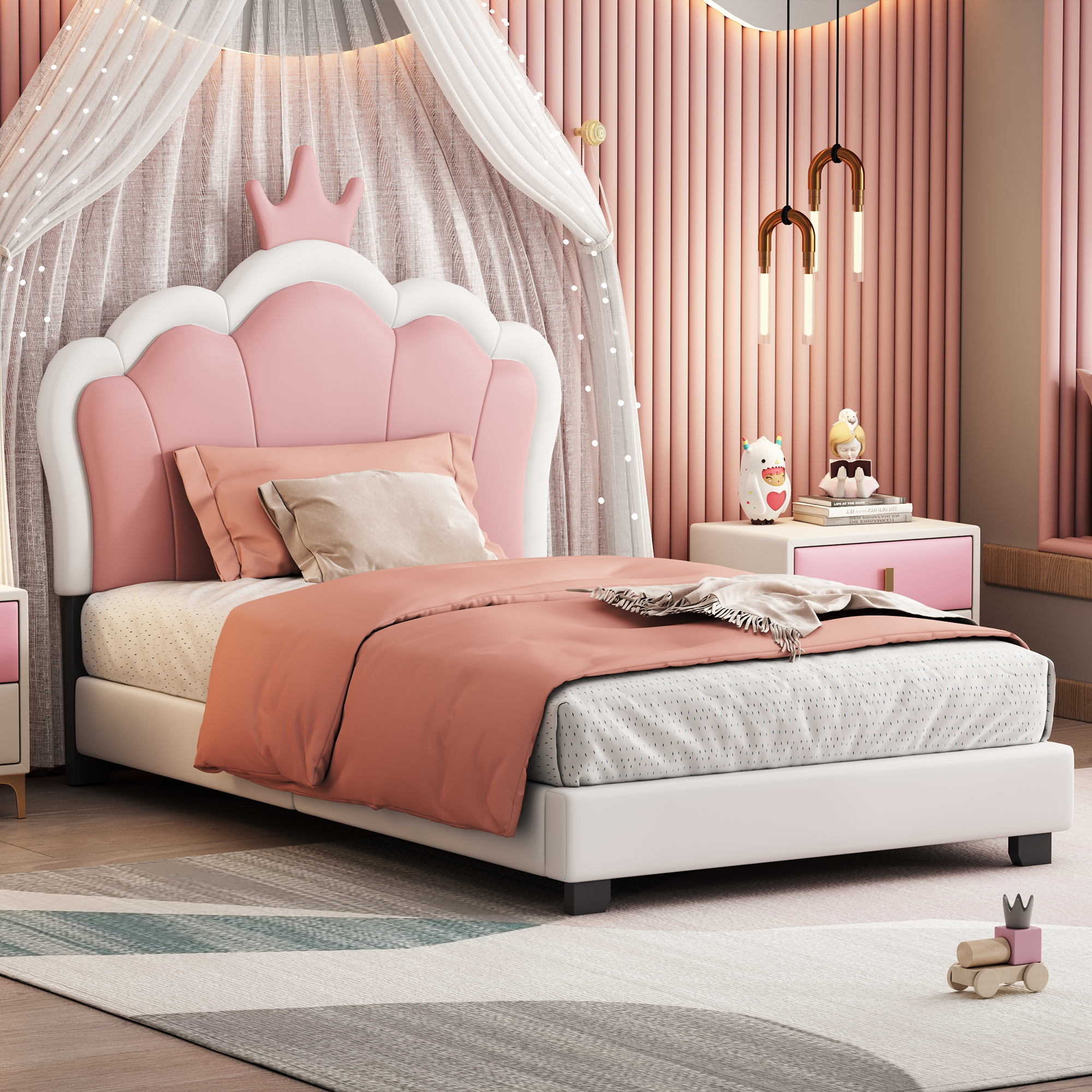 Twin size Upholstered Princess Bed With Crown Headboard,Twin Size Platform Bed with Headboard and Footboard, Cream+Pink(Old SKU:WF303336AAK) - Image 3