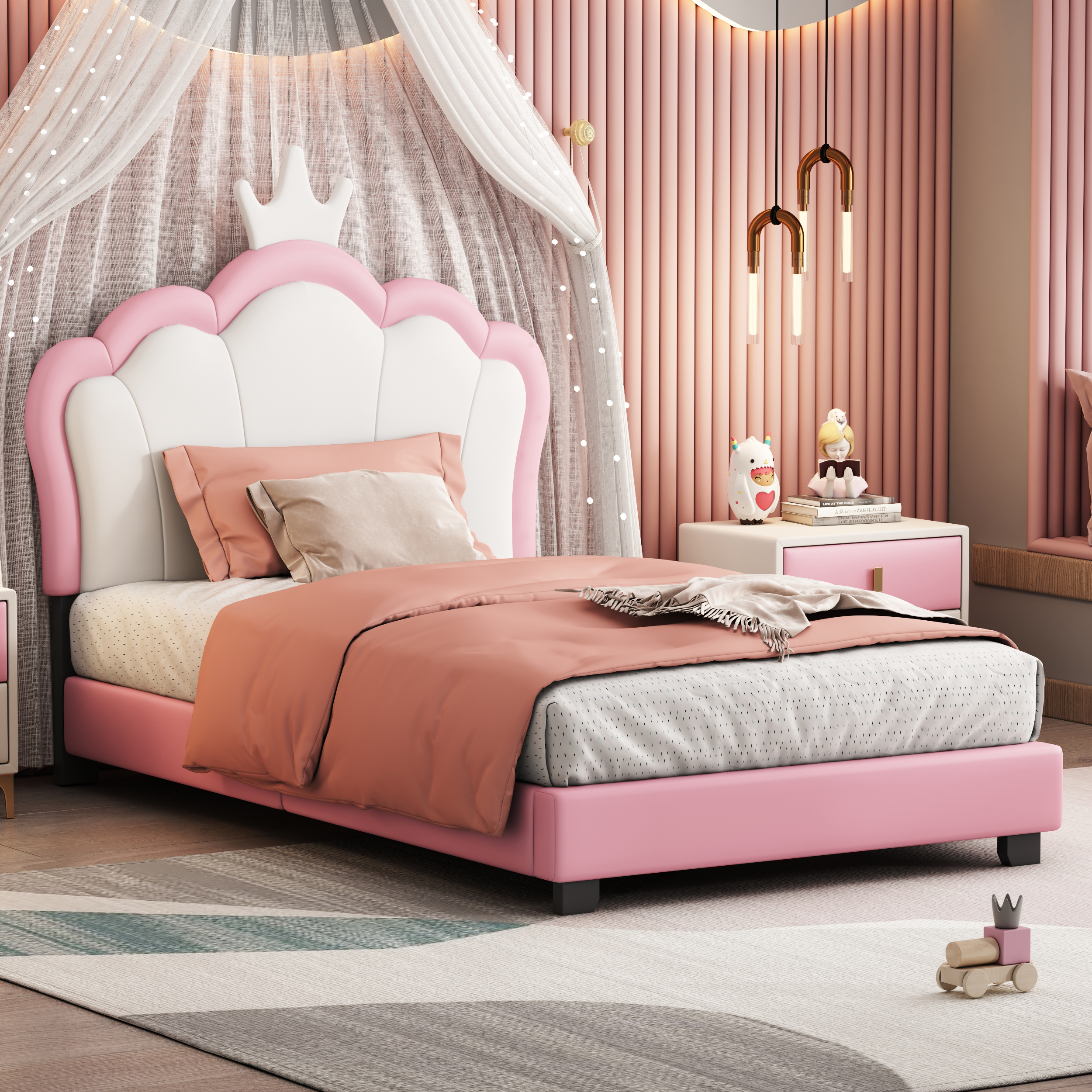 Twin size Upholstered Princess Bed With Crown Headboard,Twin Size Platform Bed with Headboard and Footboard,Cream+Pink(Old SKU:WF303336AAH) - Image 3