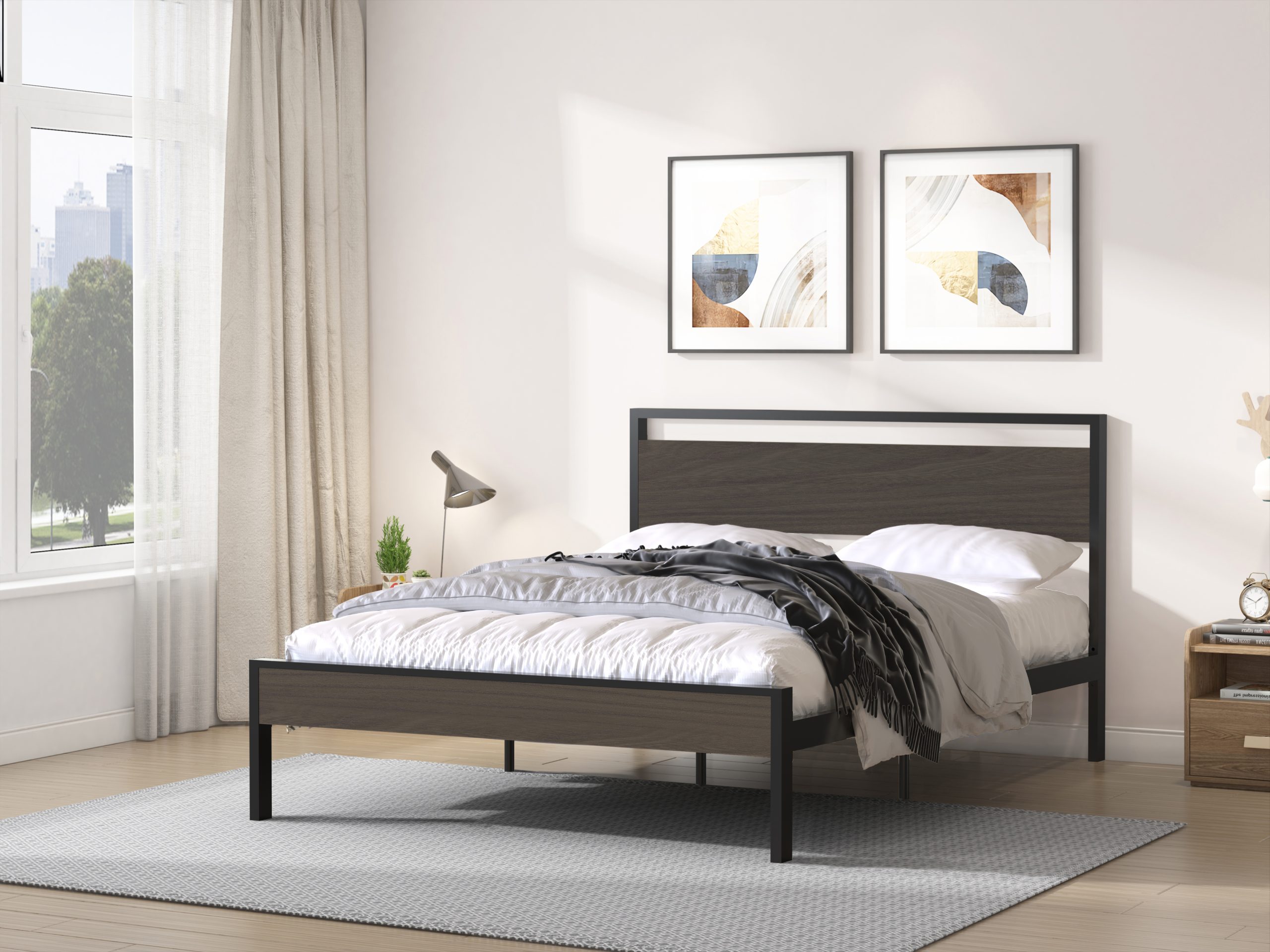 Ceres Metal Bed, Black with Walnut Wood Headboard&Footboard, Queen - Image 2