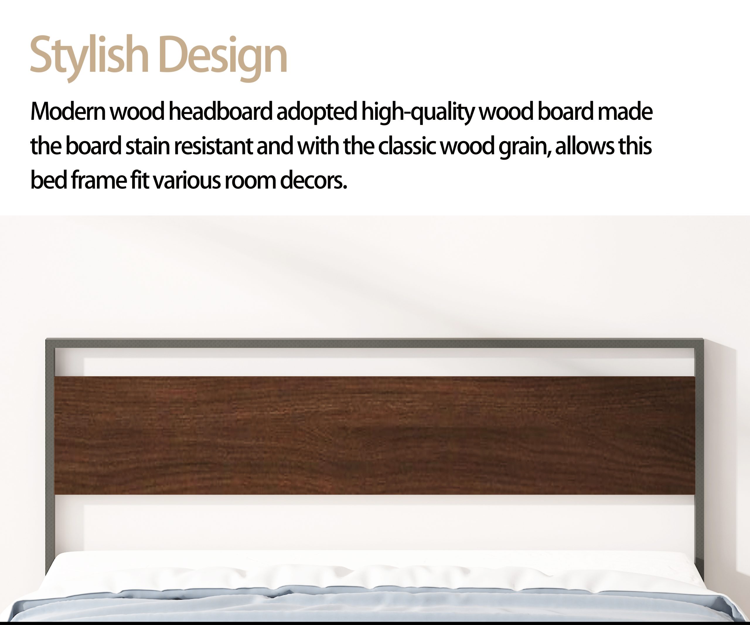 Ceres Metal Bed, Black with Walnut Wood Headboard&Footboard, Queen - Image 3