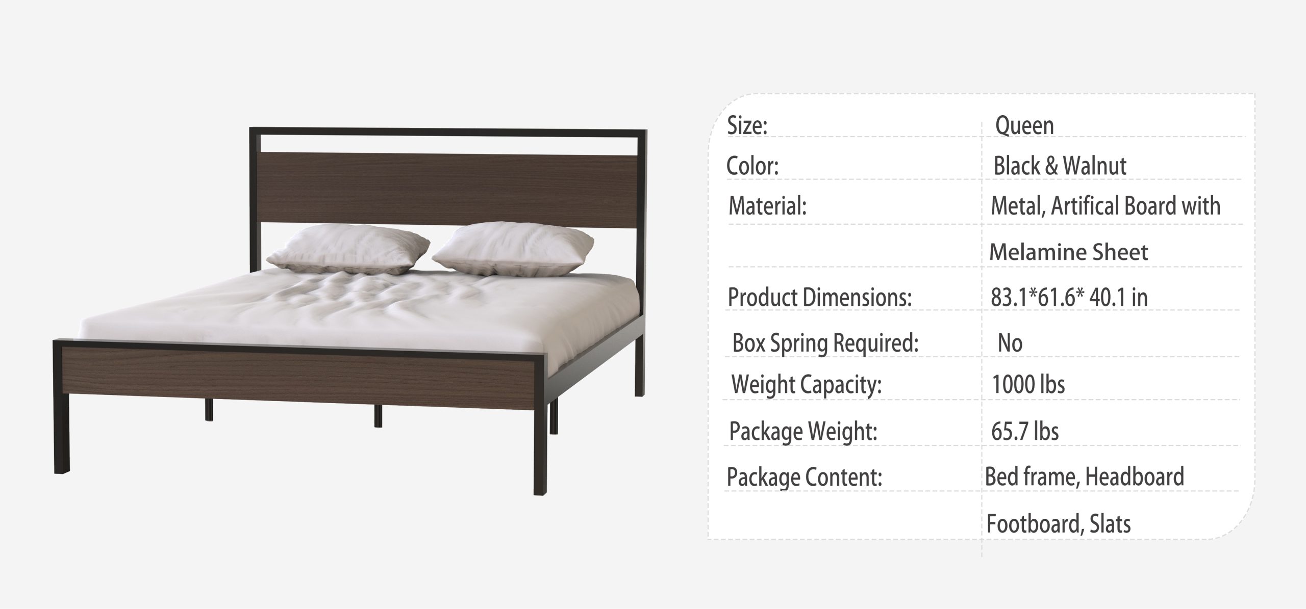 Ceres Metal Bed, Black with Walnut Wood Headboard&Footboard, Queen - Image 6