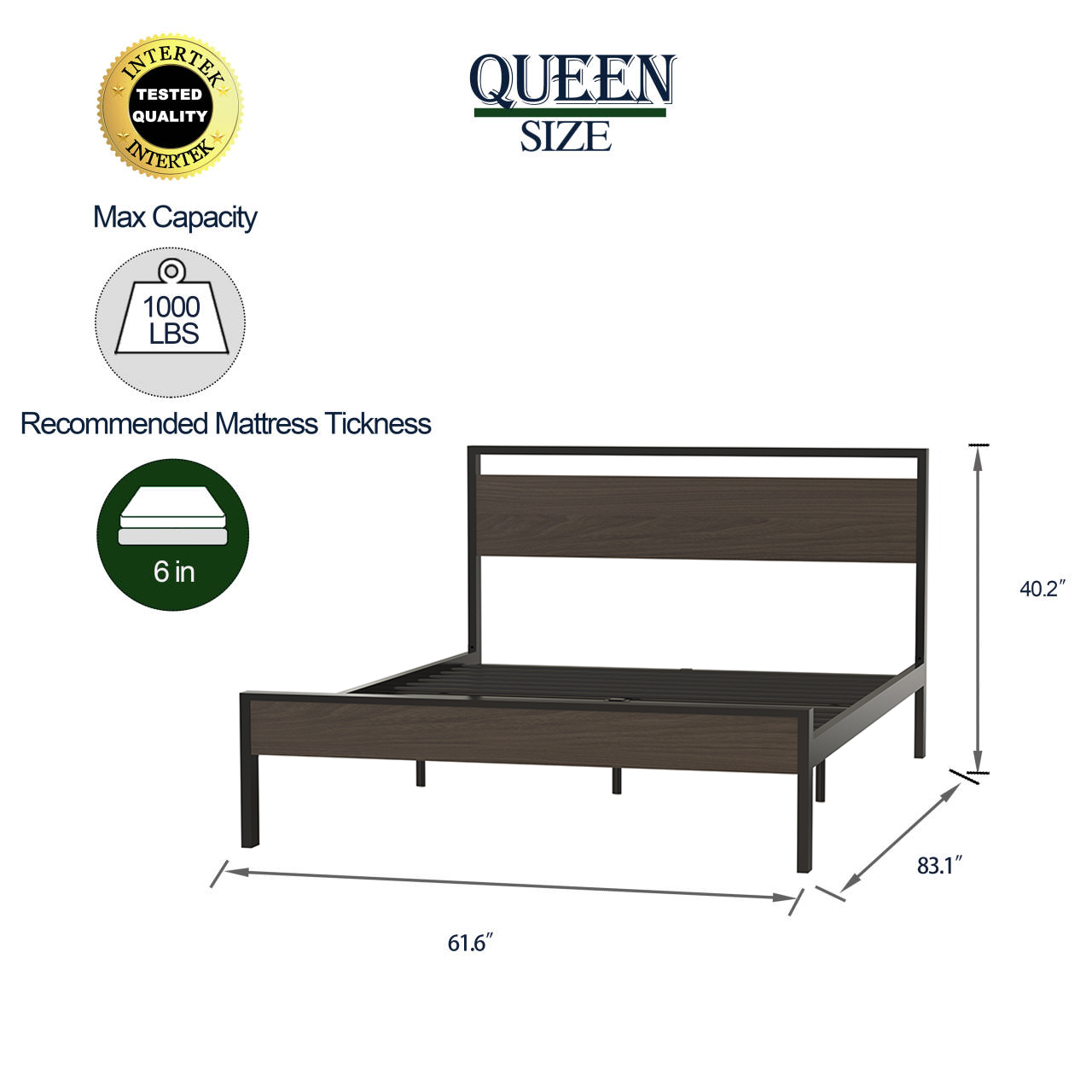 Ceres Metal Bed, Black with Walnut Wood Headboard&Footboard, Queen - Image 5