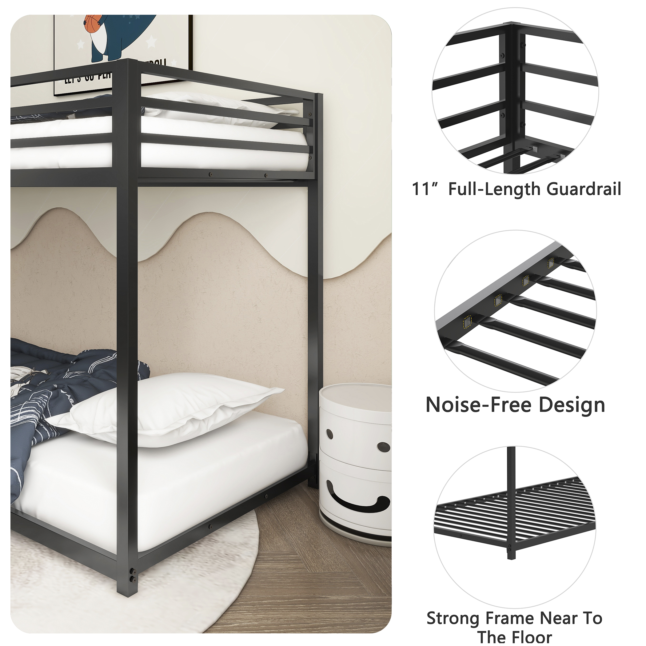 Adam Sturdy Twin over Twin Bunk Bed Metal Black for Kids and Adult, Low Profile Twin over twin bunk bed with Ladder and Guardrails, Easy Climbing, Beds for Bedroom, Same as original B083124170 - Image 4