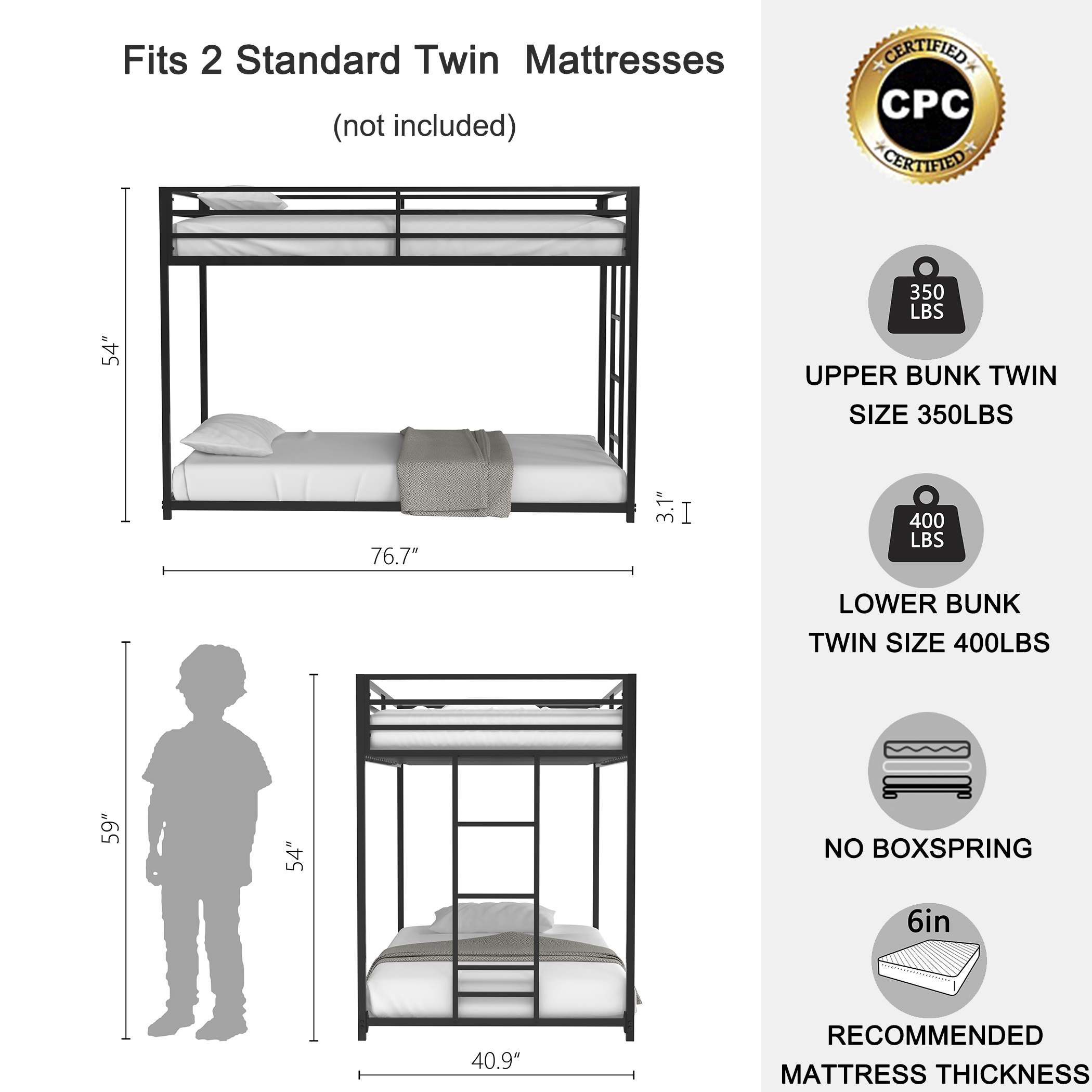 Adam Sturdy Twin over Twin Bunk Bed Metal Black for Kids and Adult, Low Profile Twin over twin bunk bed with Ladder and Guardrails, Easy Climbing, Beds for Bedroom, Same as original B083124170 - Image 5