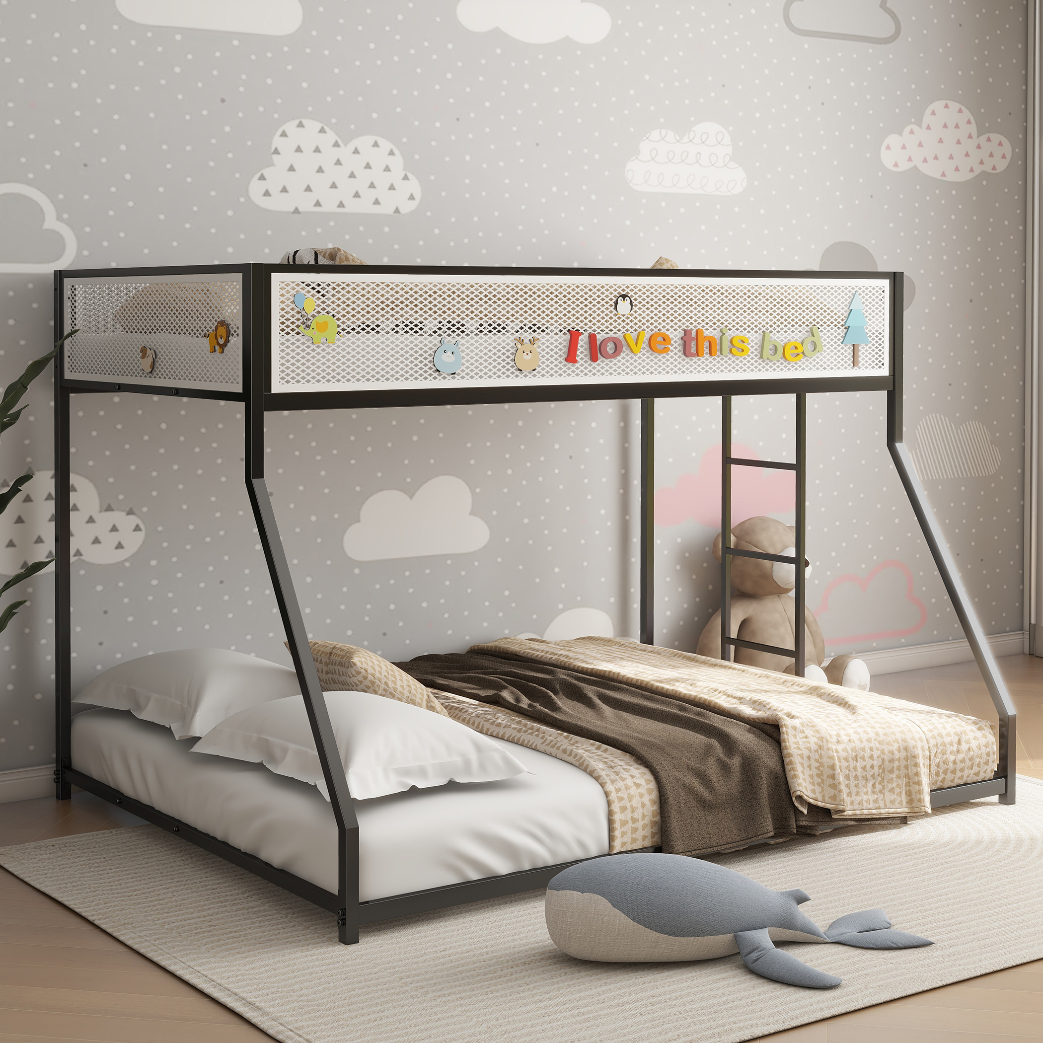 Adam Twin Over Full Bunk Bed Metal Black with White Mesh Guard Rail for Kids and Adult, Low Profile and Easy Climbing with Stable Ladder