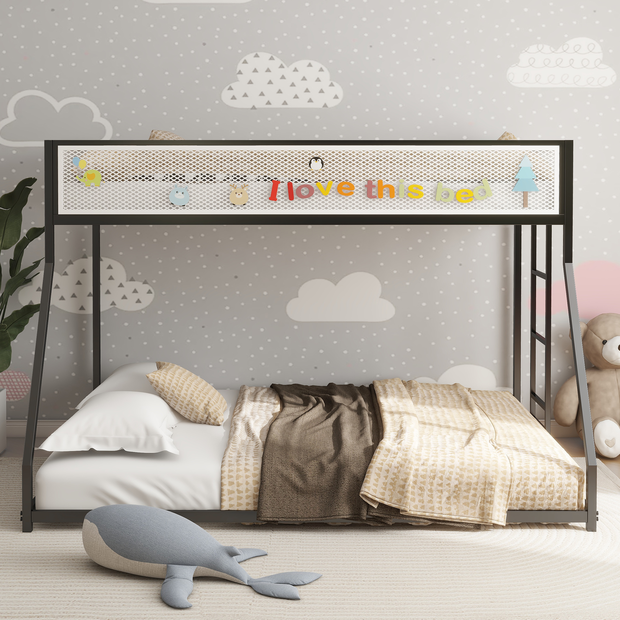 Adam Twin Over Full Bunk Bed Metal Black with White Mesh Guard Rail for Kids and Adult, Low Profile and Easy Climbing with Stable Ladder - Image 2
