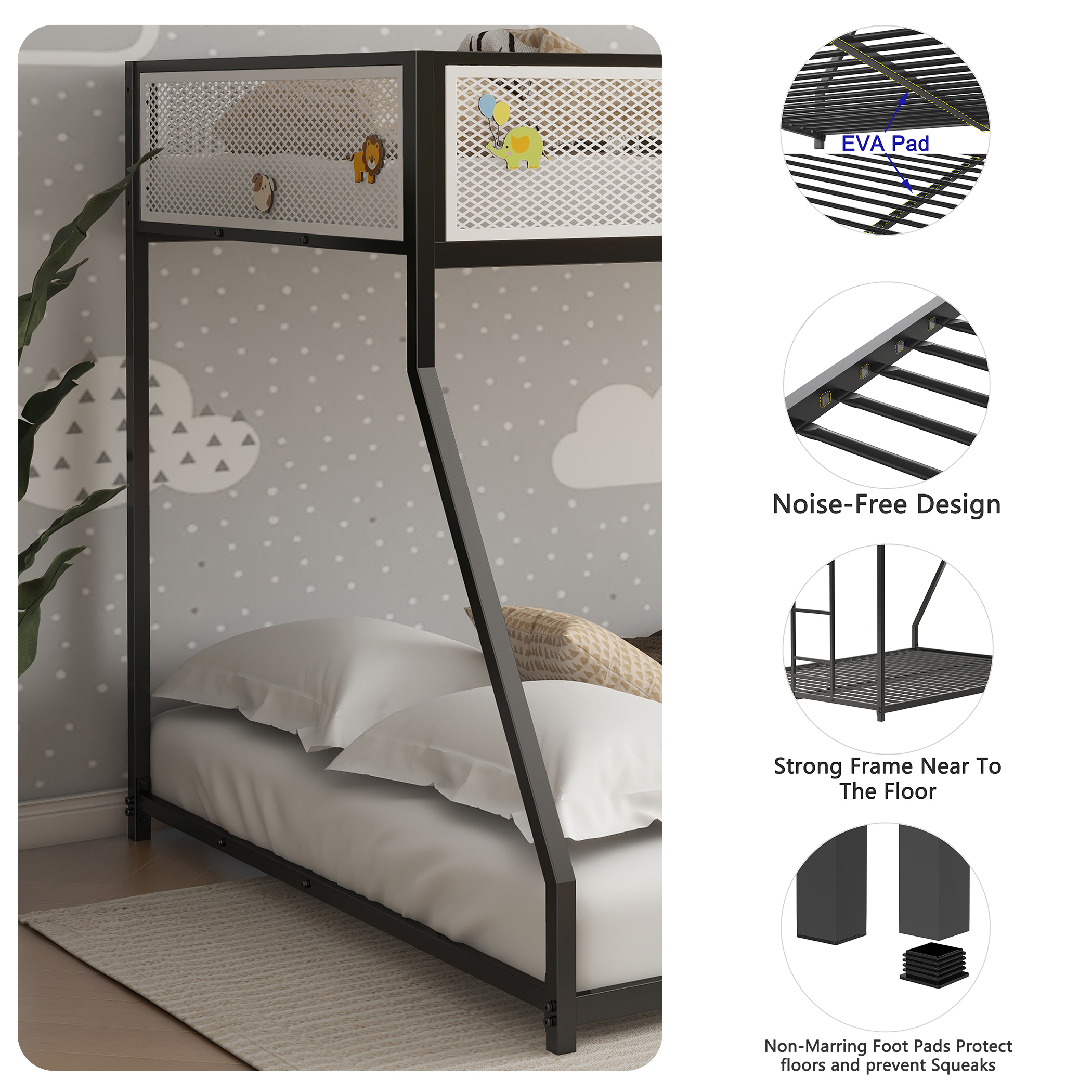 Adam Twin Over Full Bunk Bed Metal Black with White Mesh Guard Rail for Kids and Adult, Low Profile and Easy Climbing with Stable Ladder - Image 3