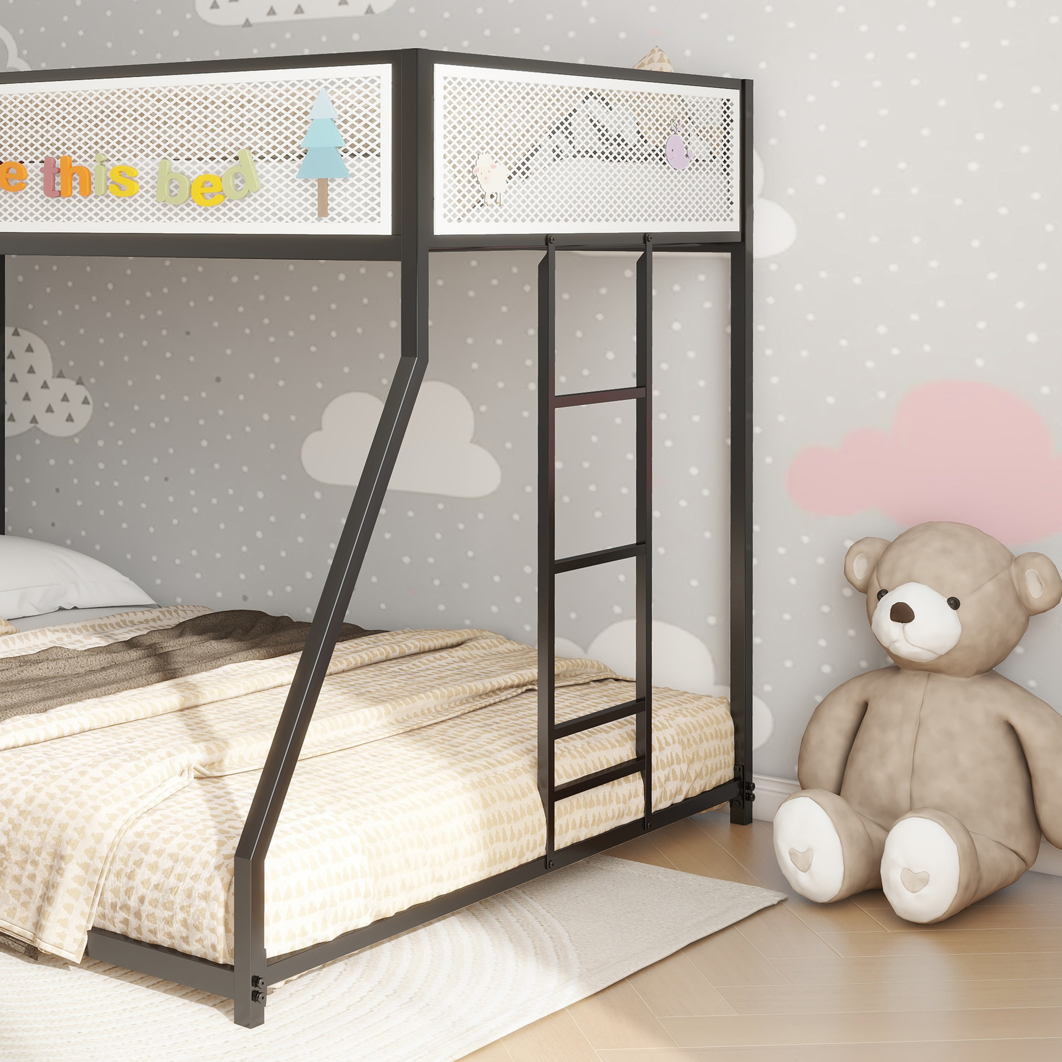 Adam Twin Over Full Bunk Bed Metal Black with White Mesh Guard Rail for Kids and Adult, Low Profile and Easy Climbing with Stable Ladder - Image 4