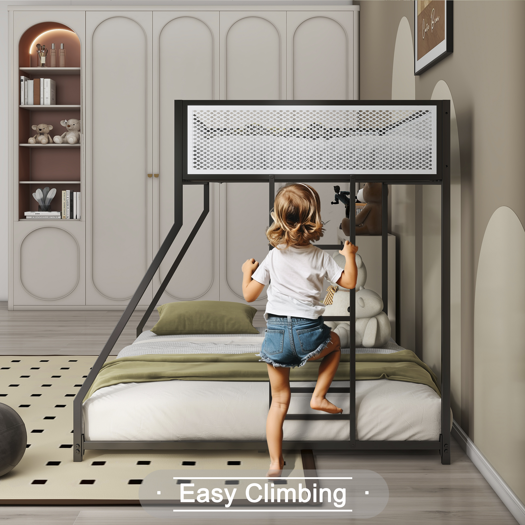 Adam Twin Over Full Bunk Bed Metal Black with White Mesh Guard Rail for Kids and Adult, Low Profile and Easy Climbing with Stable Ladder - Image 5