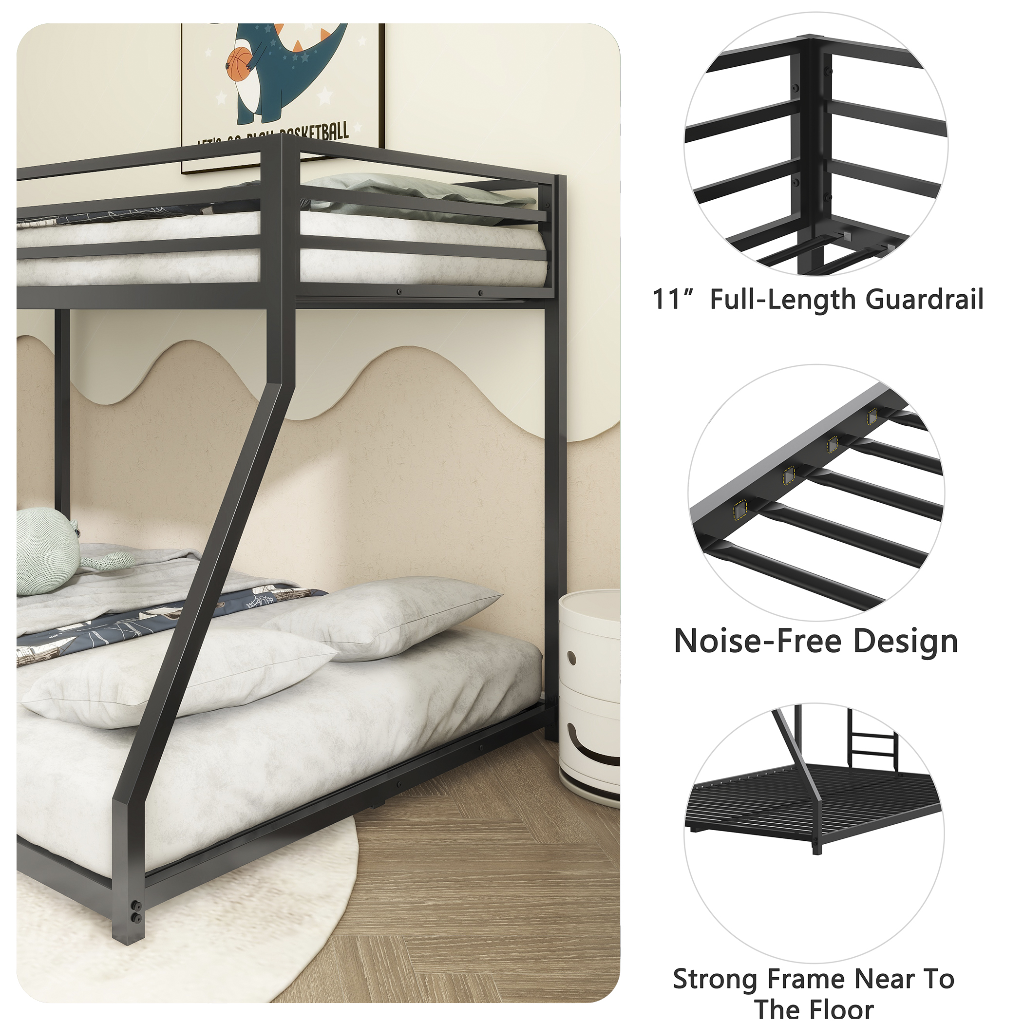 Adam Sturdy Twin over Full Bunk Bed Metal Black for Kids and Adult, Low Profile Twin over Full Bunk Bed with Ladder and Guardrails, Easy Climbing, Beds for Bedroom, Same as original B083124171 - Image 4