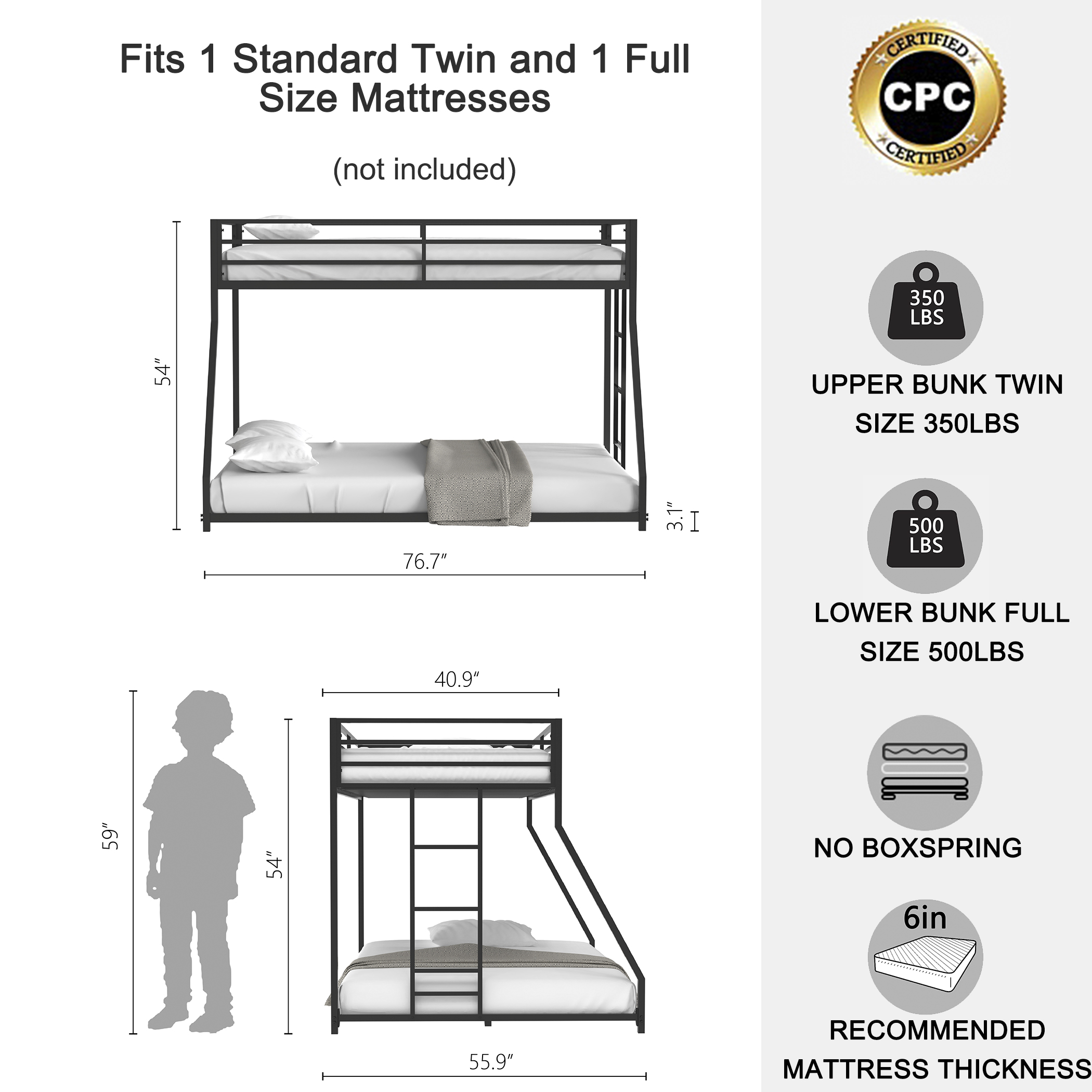 Adam Sturdy Twin over Full Bunk Bed Metal Black for Kids and Adult, Low Profile Twin over Full Bunk Bed with Ladder and Guardrails, Easy Climbing, Beds for Bedroom, Same as original B083124171 - Image 5