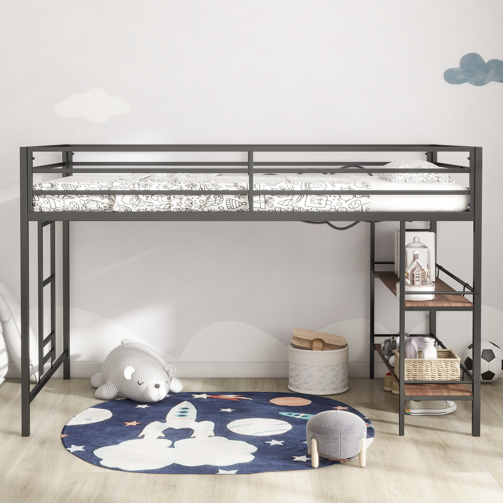 Adam sturdy junior twin loft bed black with Cinnamon wood shelf for kids, space saving, Loft Bed with easy climbing Ladder and Guardrails, Loft Bed Frame for Bedroom - Image 2