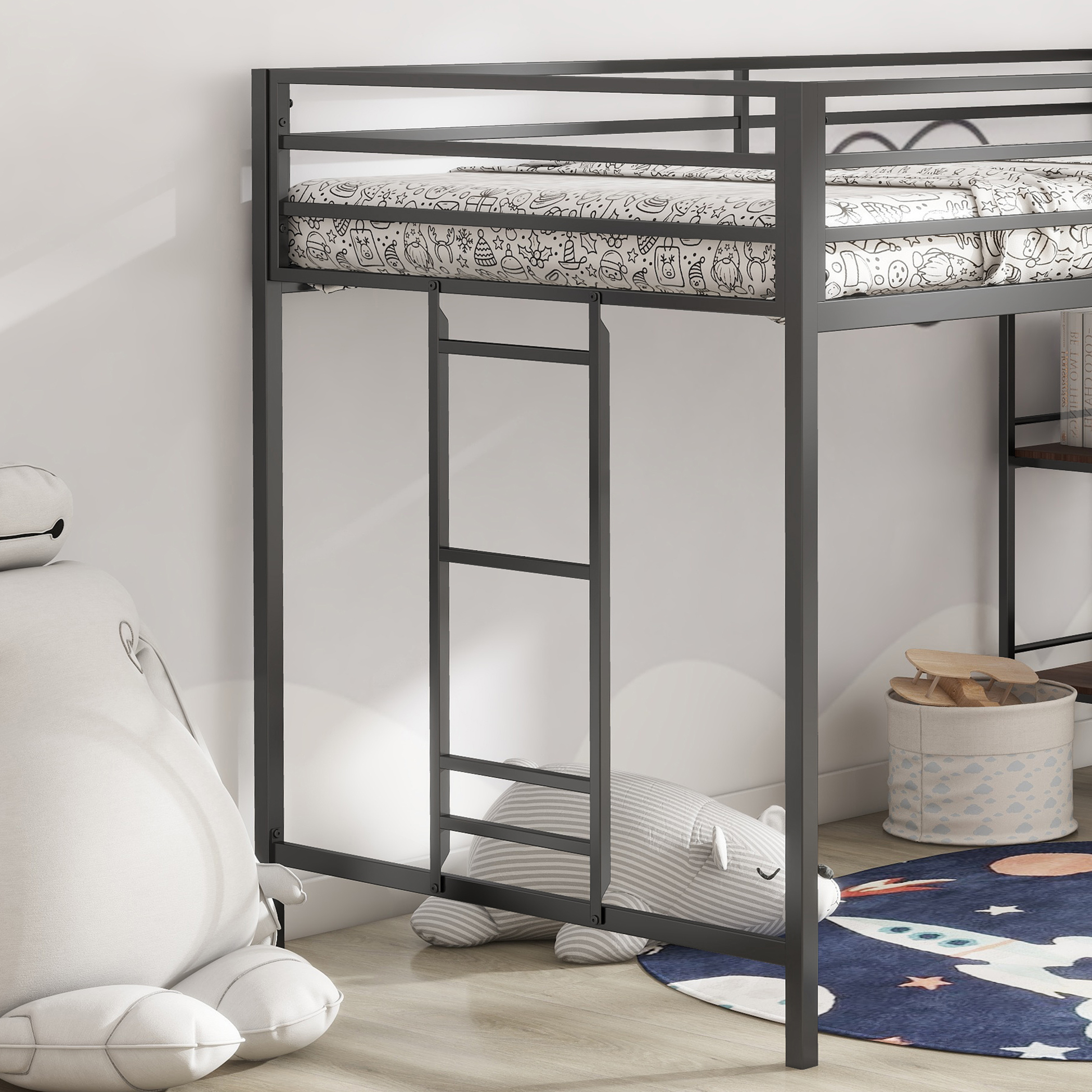Adam sturdy junior twin loft bed black with Cinnamon wood shelf for kids, space saving, Loft Bed with easy climbing Ladder and Guardrails, Loft Bed Frame for Bedroom - Image 3