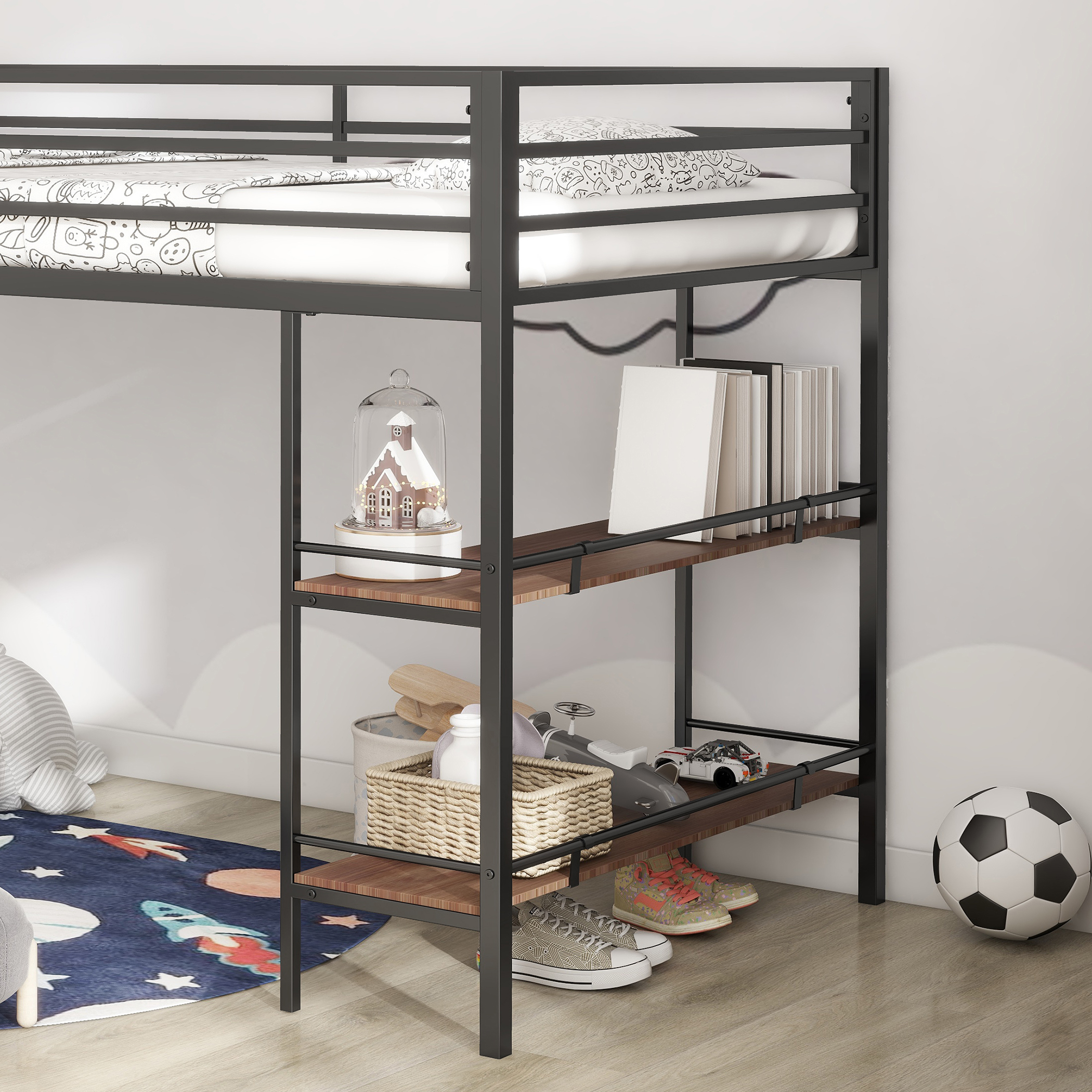 Adam sturdy junior twin loft bed black with Cinnamon wood shelf for kids, space saving, Loft Bed with easy climbing Ladder and Guardrails, Loft Bed Frame for Bedroom - Image 4
