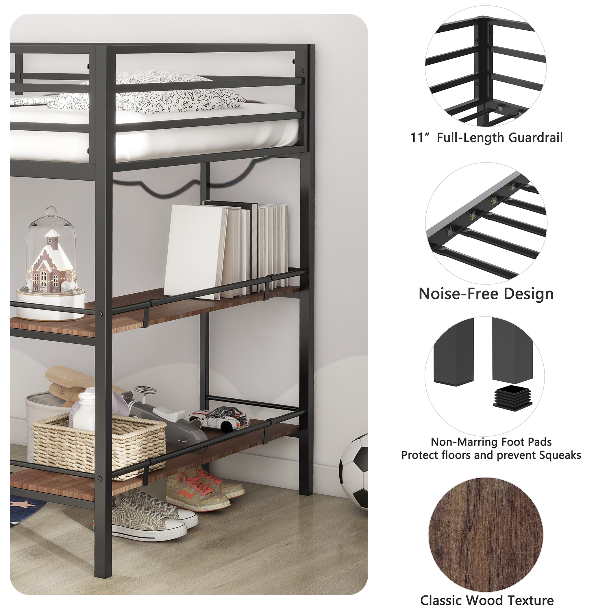 Adam sturdy junior twin loft bed black with Cinnamon wood shelf for kids, space saving, Loft Bed with easy climbing Ladder and Guardrails, Loft Bed Frame for Bedroom - Image 5