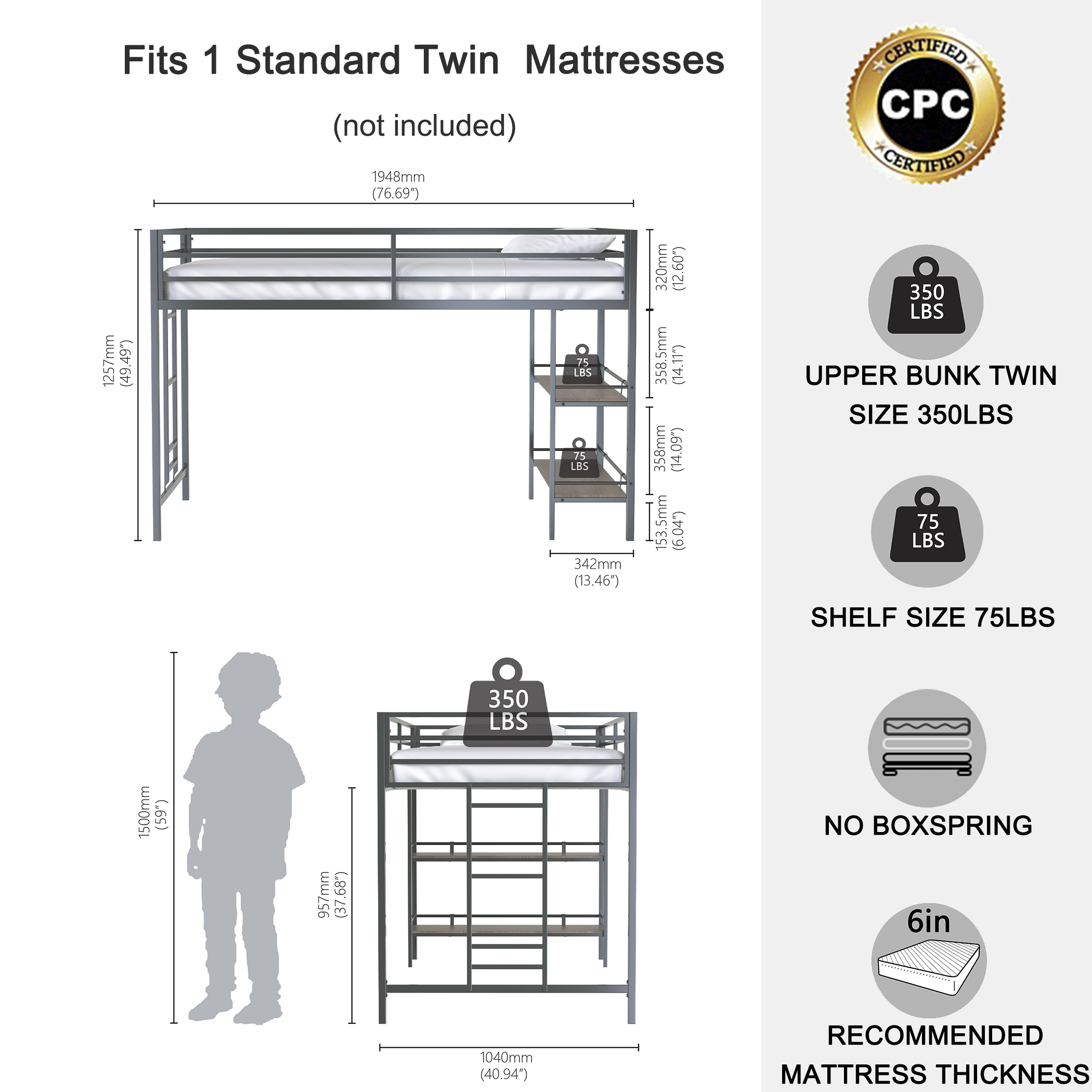 Adam sturdy junior twin loft bed black with Cinnamon wood shelf for kids, space saving, Loft Bed with easy climbing Ladder and Guardrails, Loft Bed Frame for Bedroom - Image 6