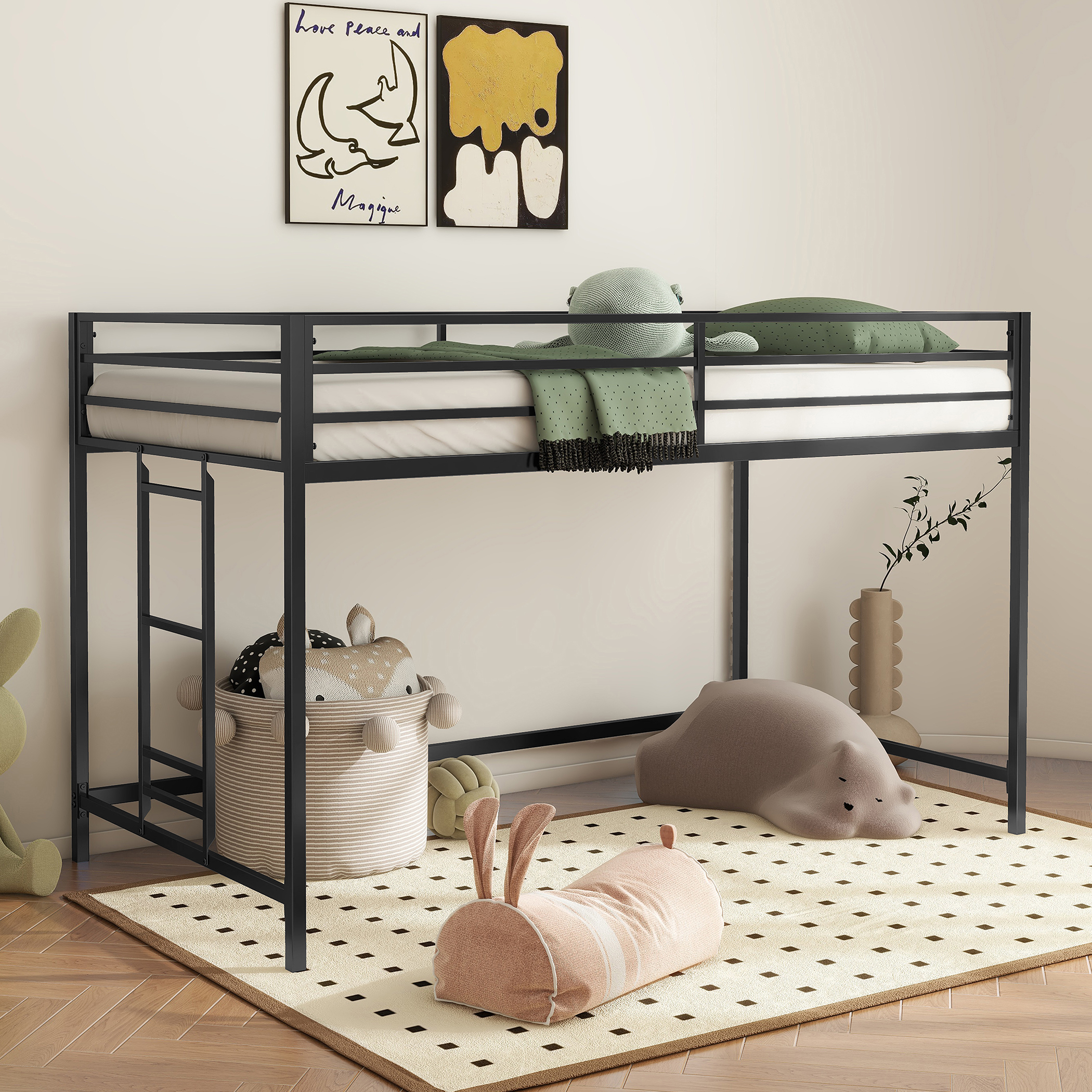 Adam sturdy junior twin loft bed black for kids, space saving, Loft Bed with easy climbing Ladder and Guardrails, Loft Bed Frame for Bedroom - Image 2