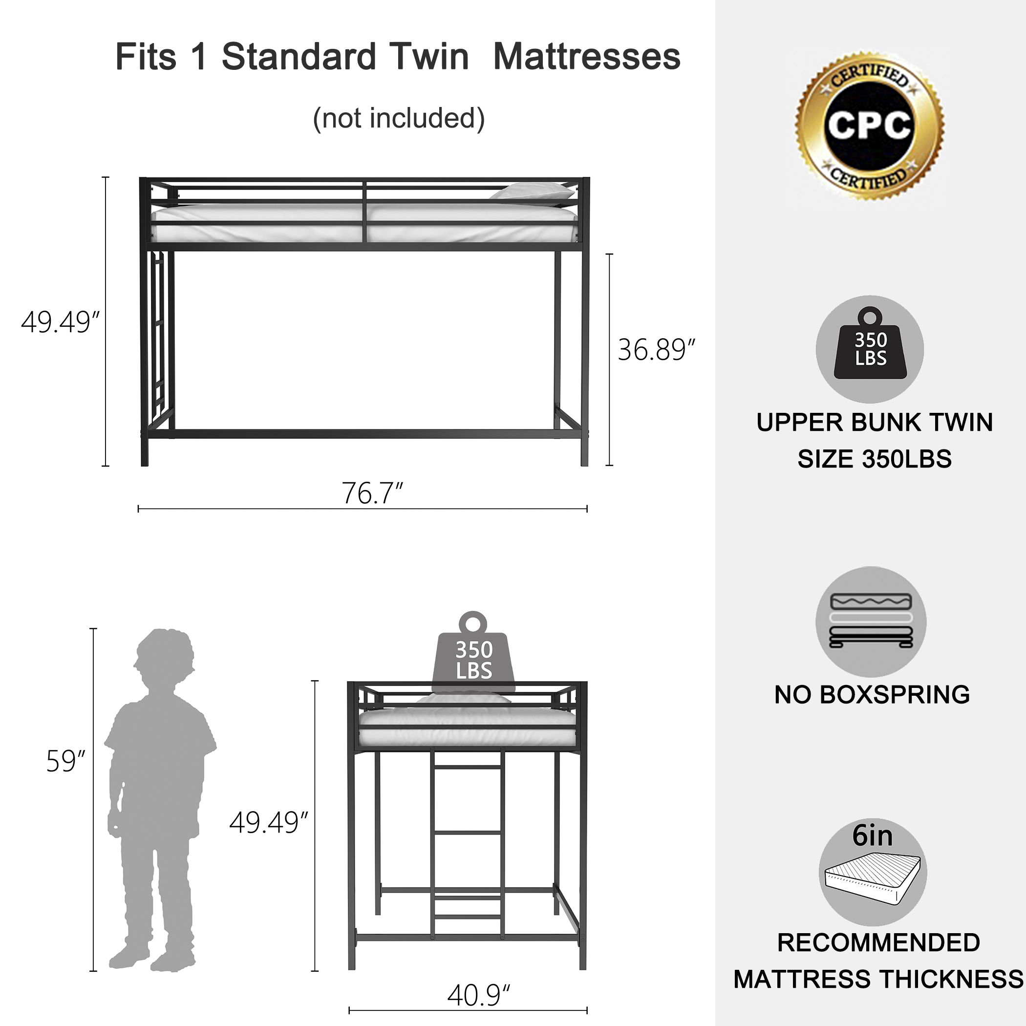 Adam sturdy junior twin loft bed black for kids, space saving, Loft Bed with easy climbing Ladder and Guardrails, Loft Bed Frame for Bedroom - Image 6