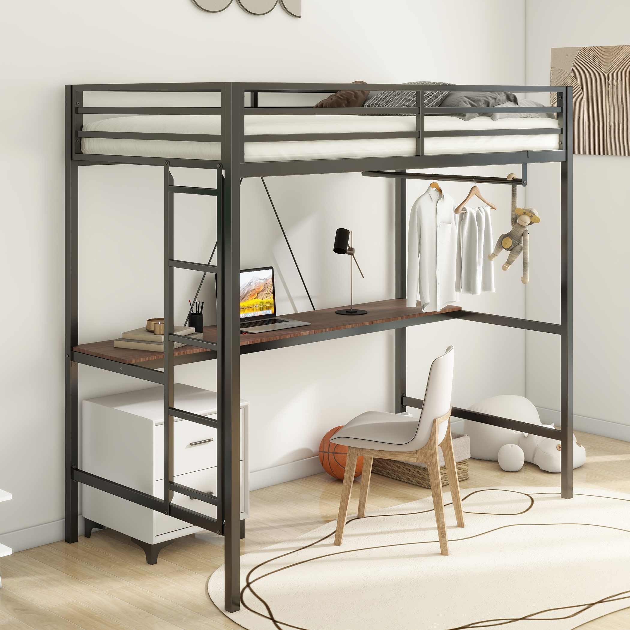 Adam Sturdy Twin Loft Bed Black with Cinnamon Wood Desk and Closet Rod for Adult and Kids, Loft Bed with Easy Climbing Ladder and Guardrails, Loft Bed Frame for Bedroom, Space Saving