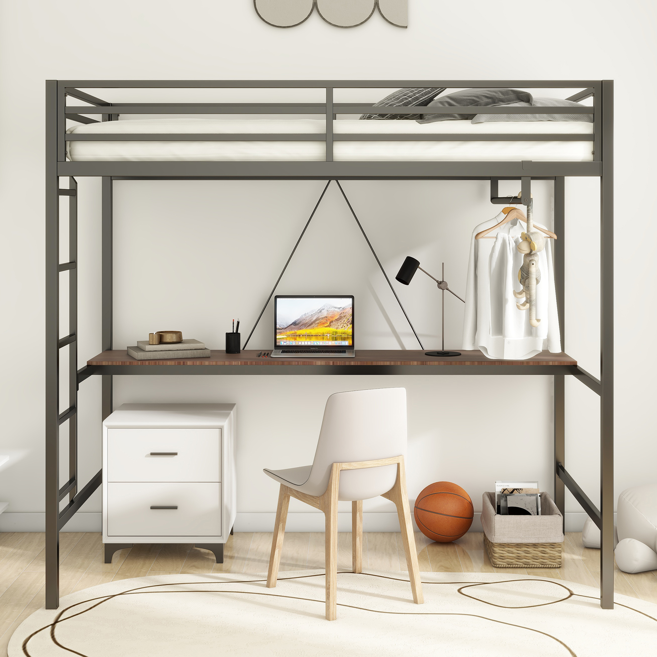 Adam Sturdy Twin Loft Bed Black with Cinnamon Wood Desk and Closet Rod for Adult and Kids, Loft Bed with Easy Climbing Ladder and Guardrails, Loft Bed Frame for Bedroom, Space Saving - Image 2