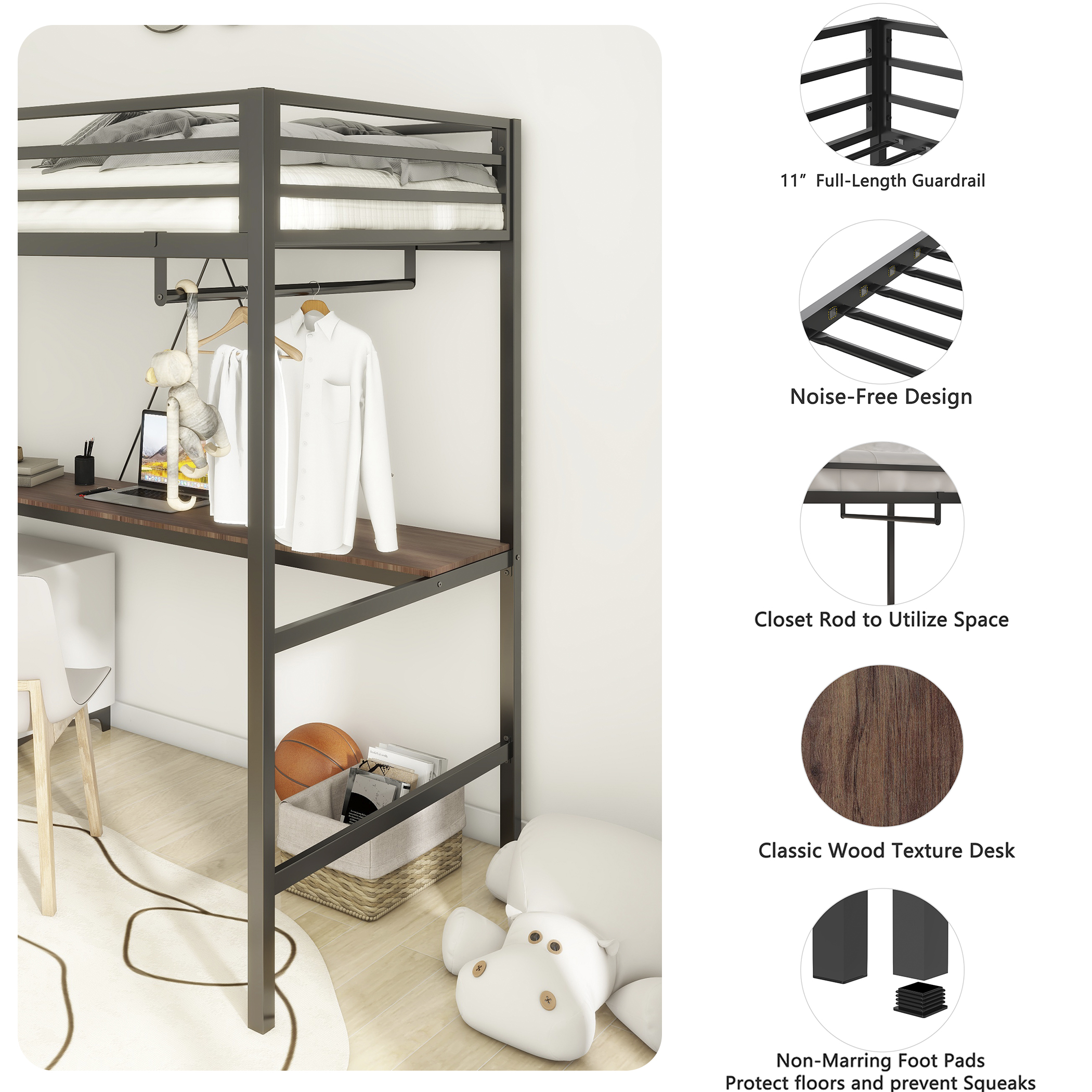 Adam Sturdy Twin Loft Bed Black with Cinnamon Wood Desk and Closet Rod for Adult and Kids, Loft Bed with Easy Climbing Ladder and Guardrails, Loft Bed Frame for Bedroom, Space Saving - Image 3