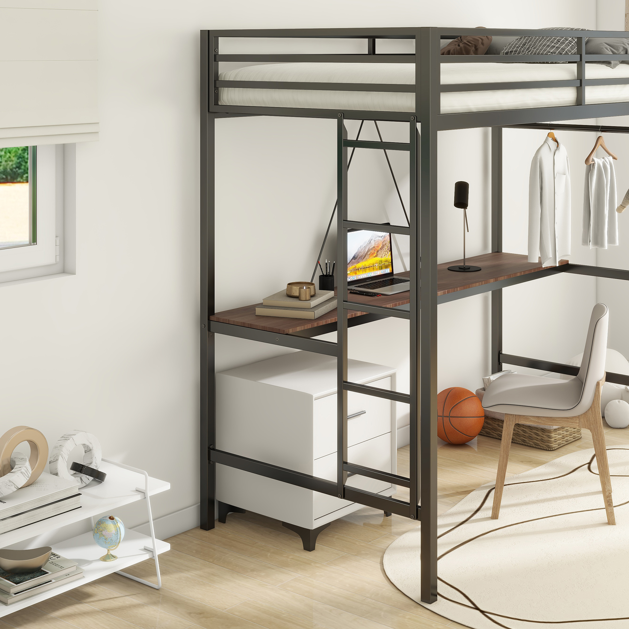 Adam Sturdy Twin Loft Bed Black with Cinnamon Wood Desk and Closet Rod for Adult and Kids, Loft Bed with Easy Climbing Ladder and Guardrails, Loft Bed Frame for Bedroom, Space Saving - Image 4