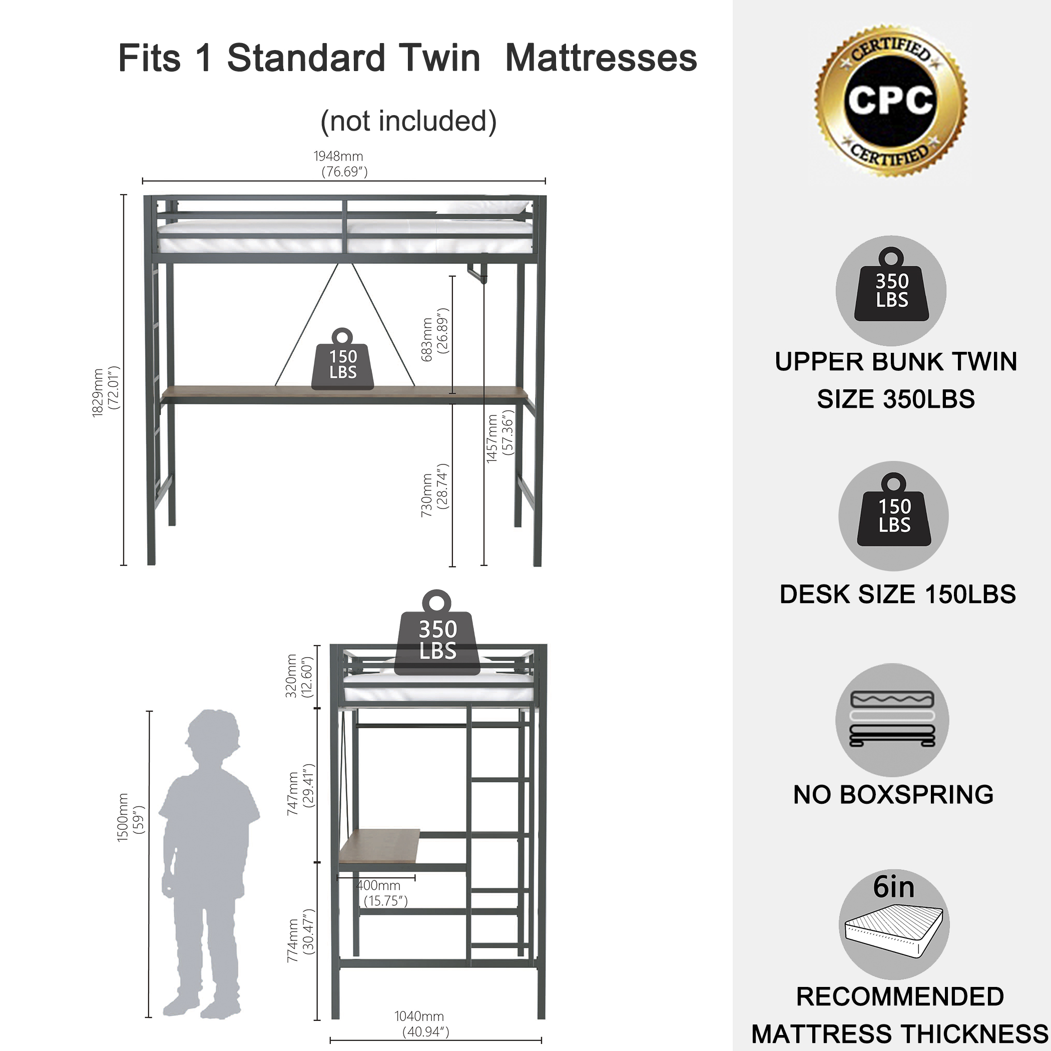 Adam Sturdy Twin Loft Bed Black with Cinnamon Wood Desk and Closet Rod for Adult and Kids, Loft Bed with Easy Climbing Ladder and Guardrails, Loft Bed Frame for Bedroom, Space Saving - Image 6